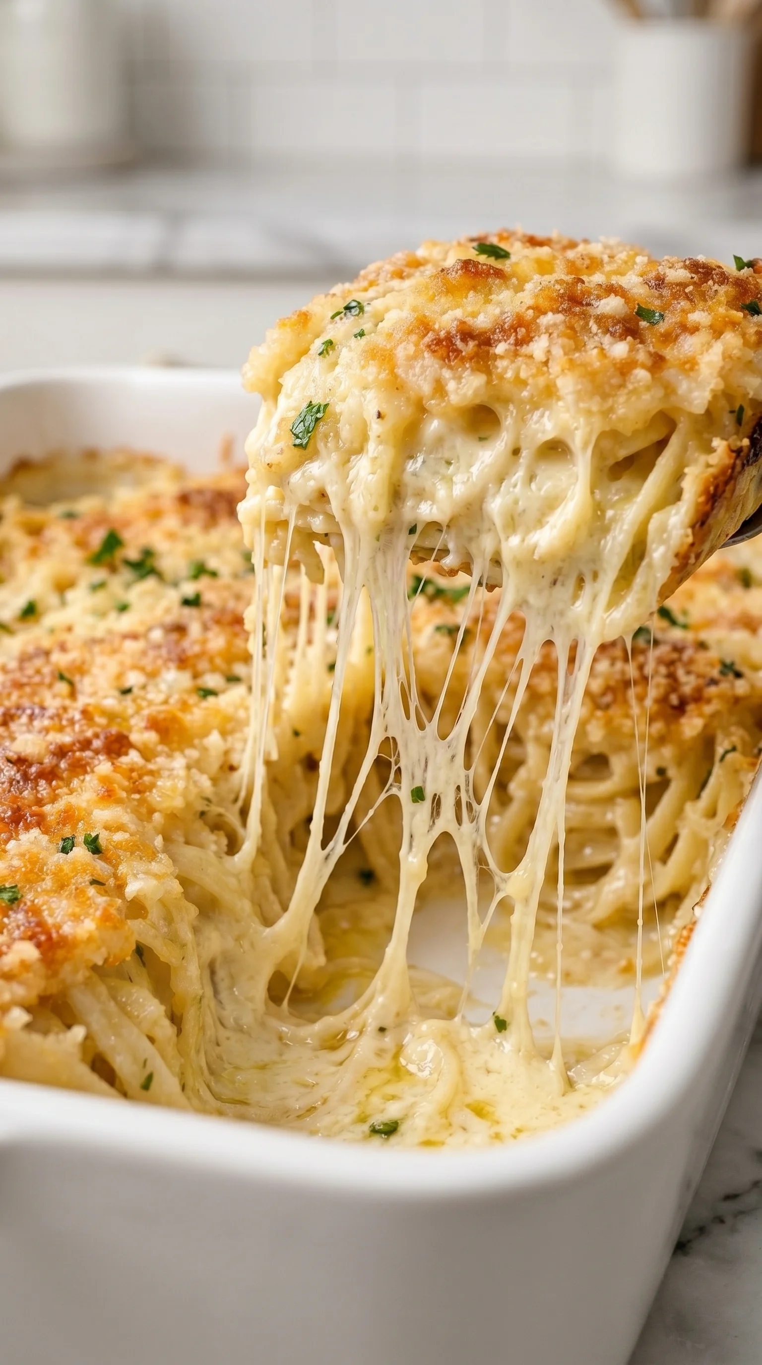 A close up of a fork in a bowl of oven baked garlic parmesan noodles.
