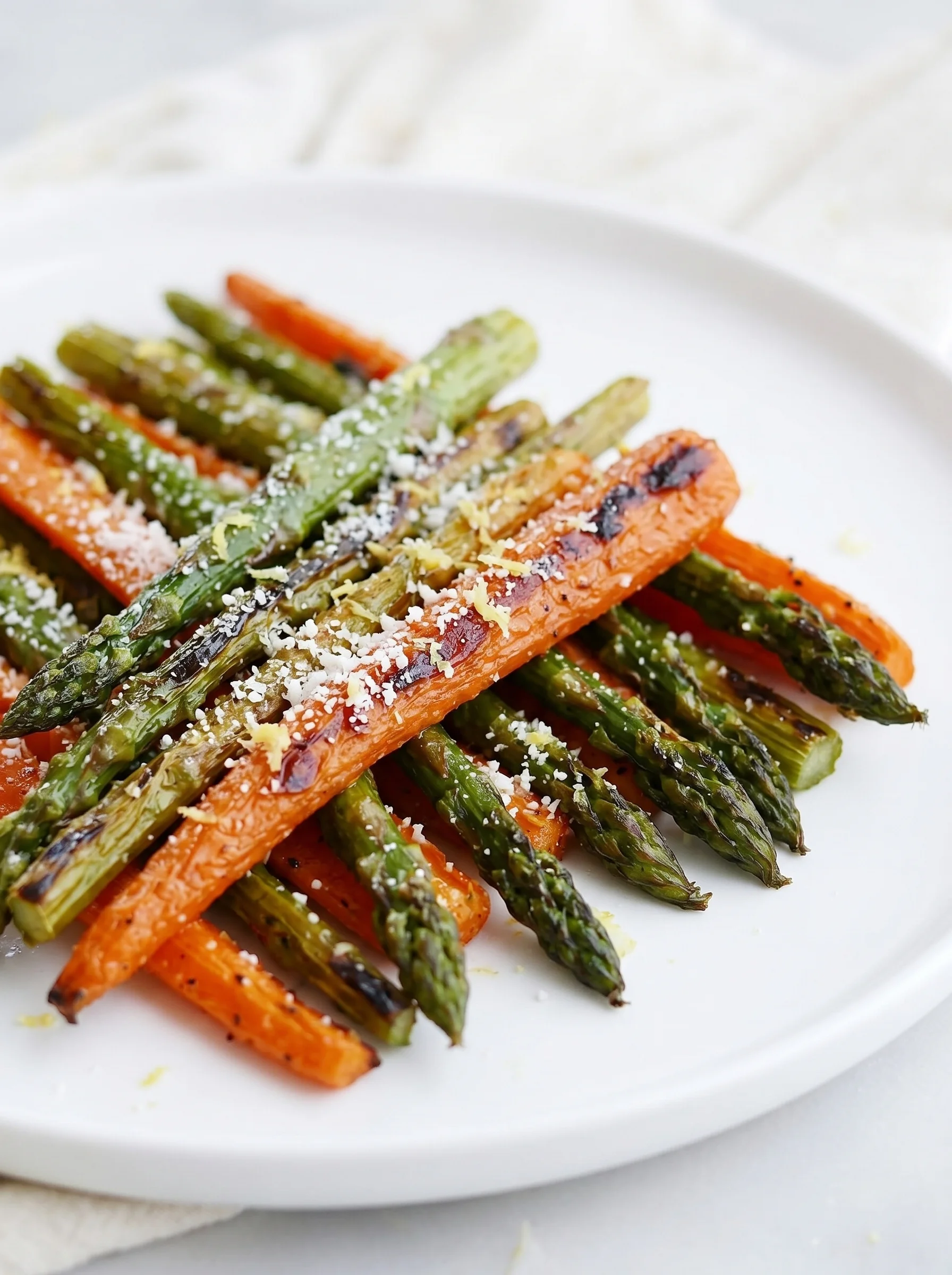 A plate of roasted asparagus and carrots.
