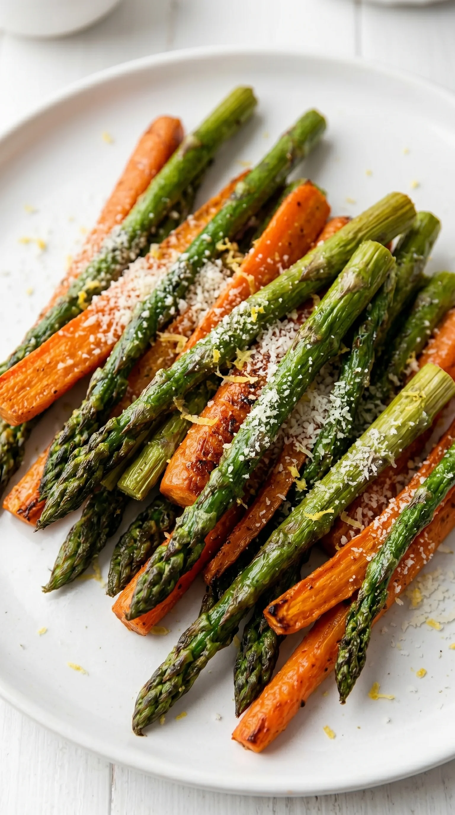 Roasted asparagus and carrots on a plate.