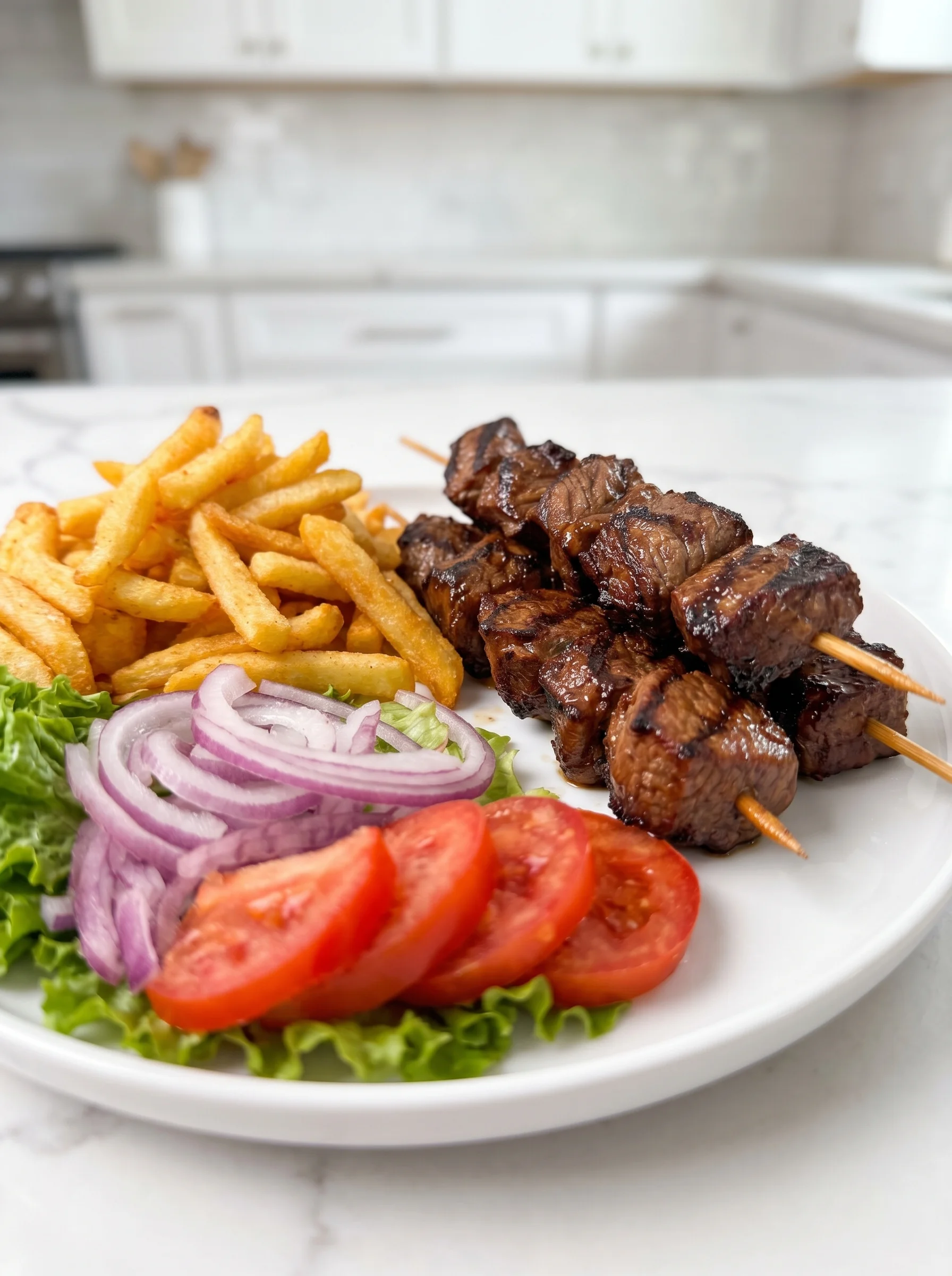 A plate of grilled steak skewers, crispy fries and fresh salad.