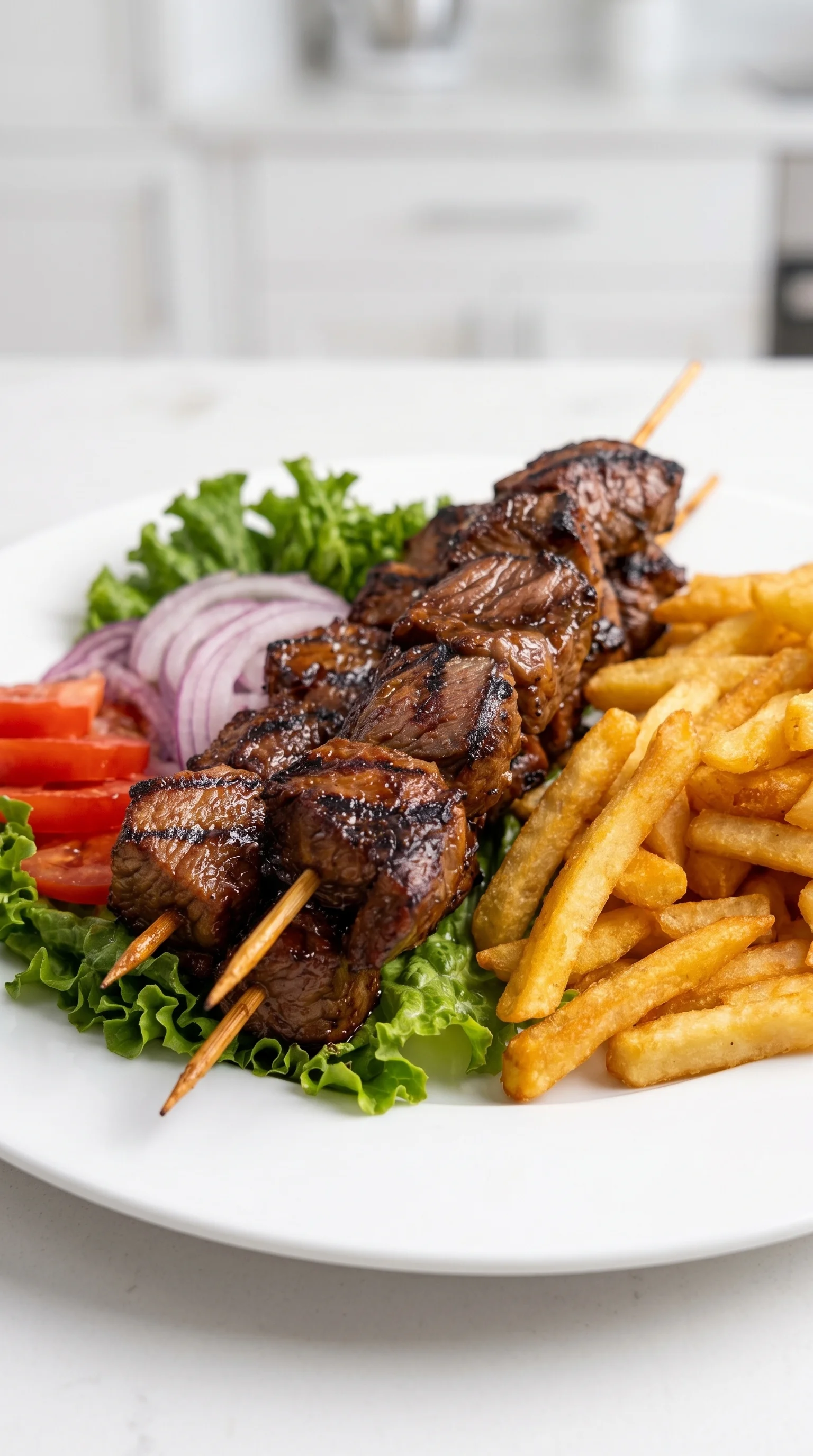 A plate of grilled steak skewers with crispy fries and yummy salad.