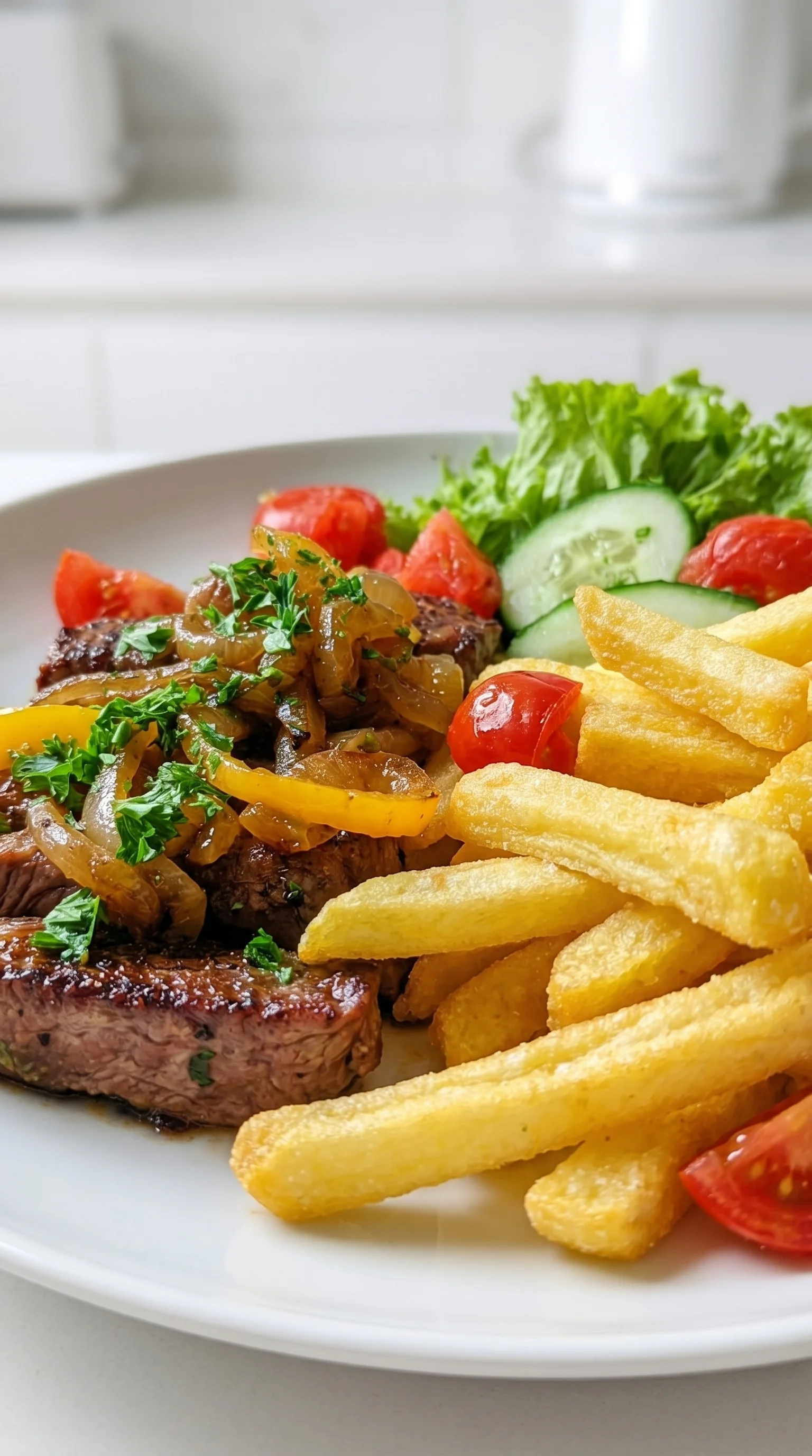 A plate of food with steak, onions, tomatoes, and french fries.
