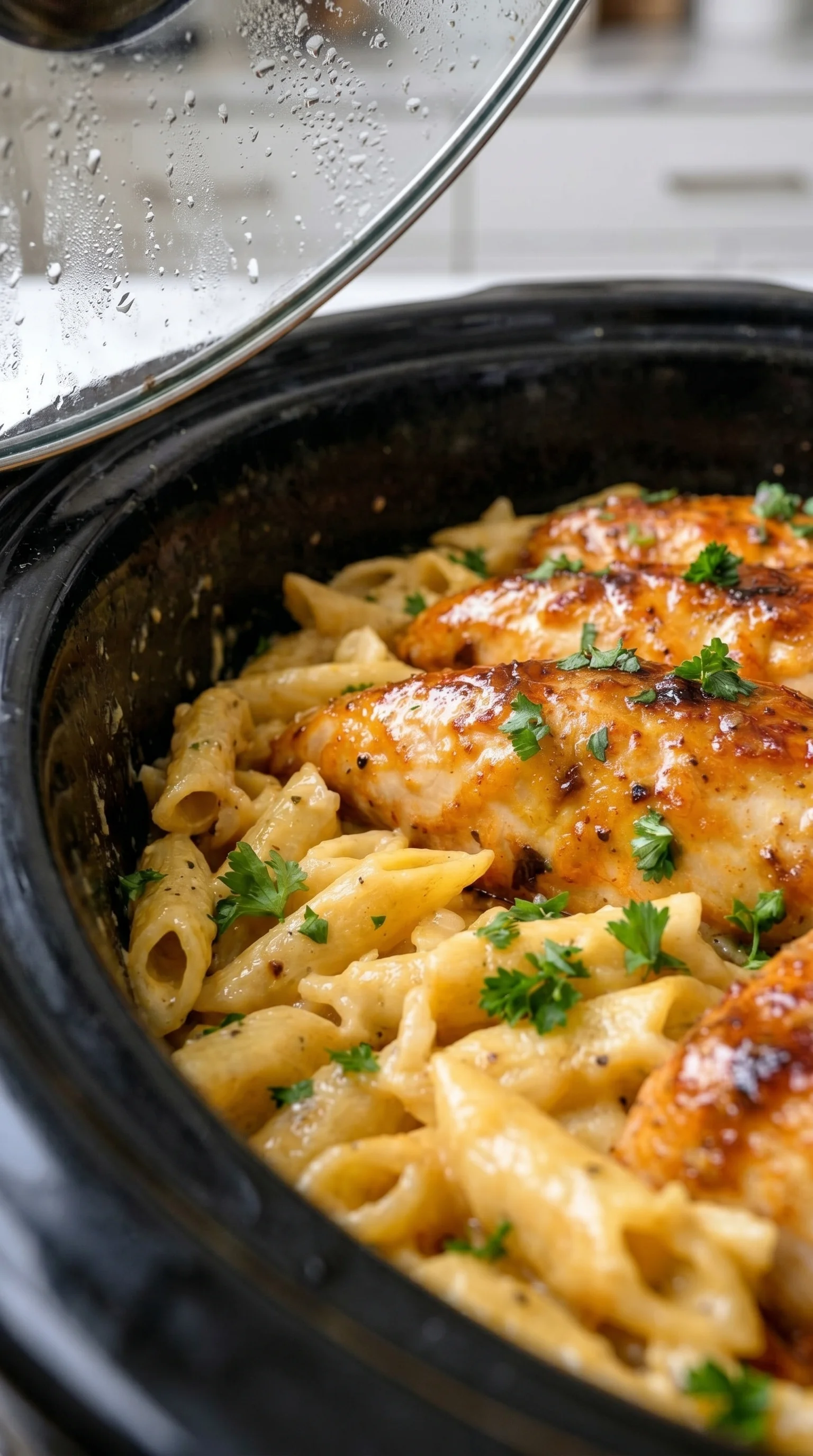 A yummy dish of chicken and pasta in a slow cooker.