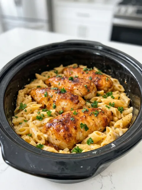 A dish of chicken and pasta in a slow cooker.