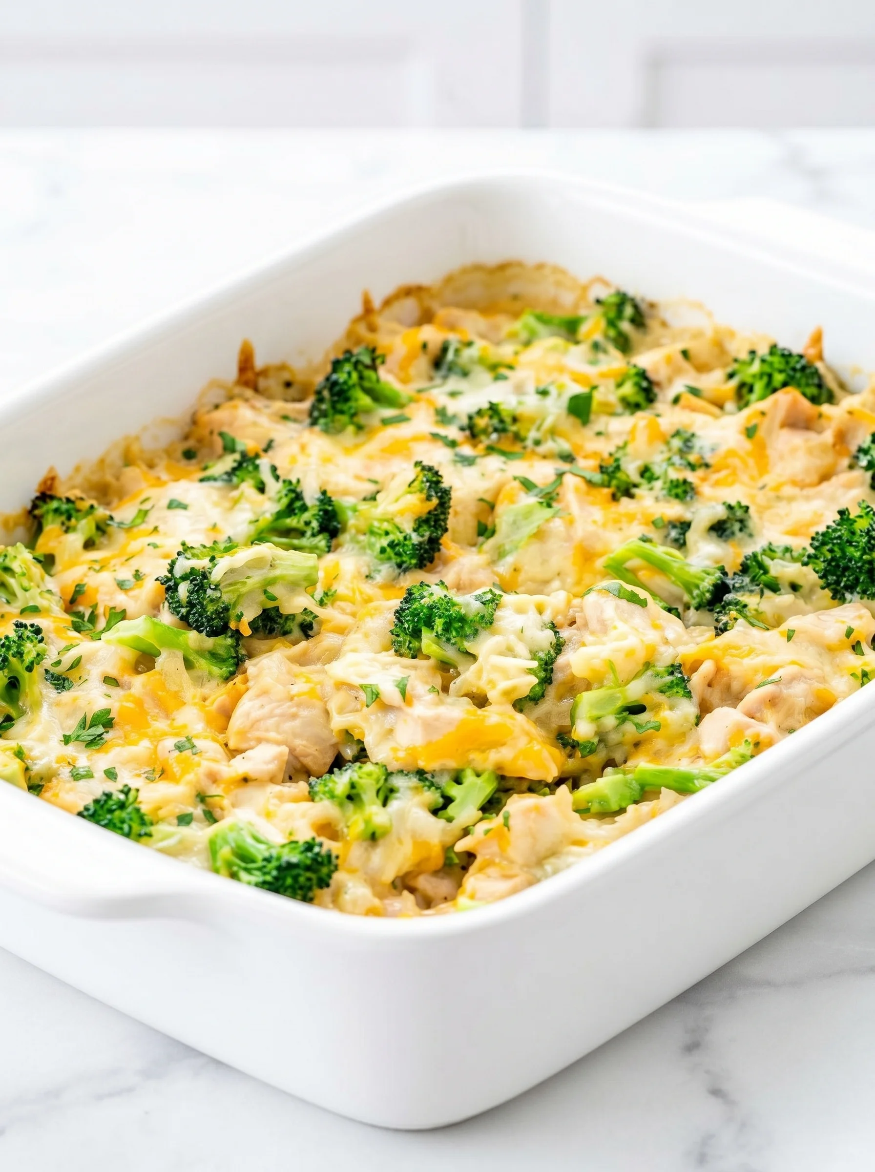 A cheesy chicken broccoli rice casserole.