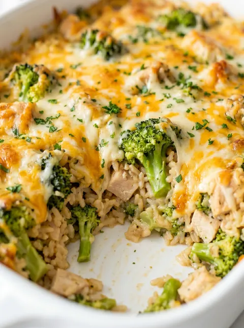 A close up of a cheesy chicken broccoli rice casserole.