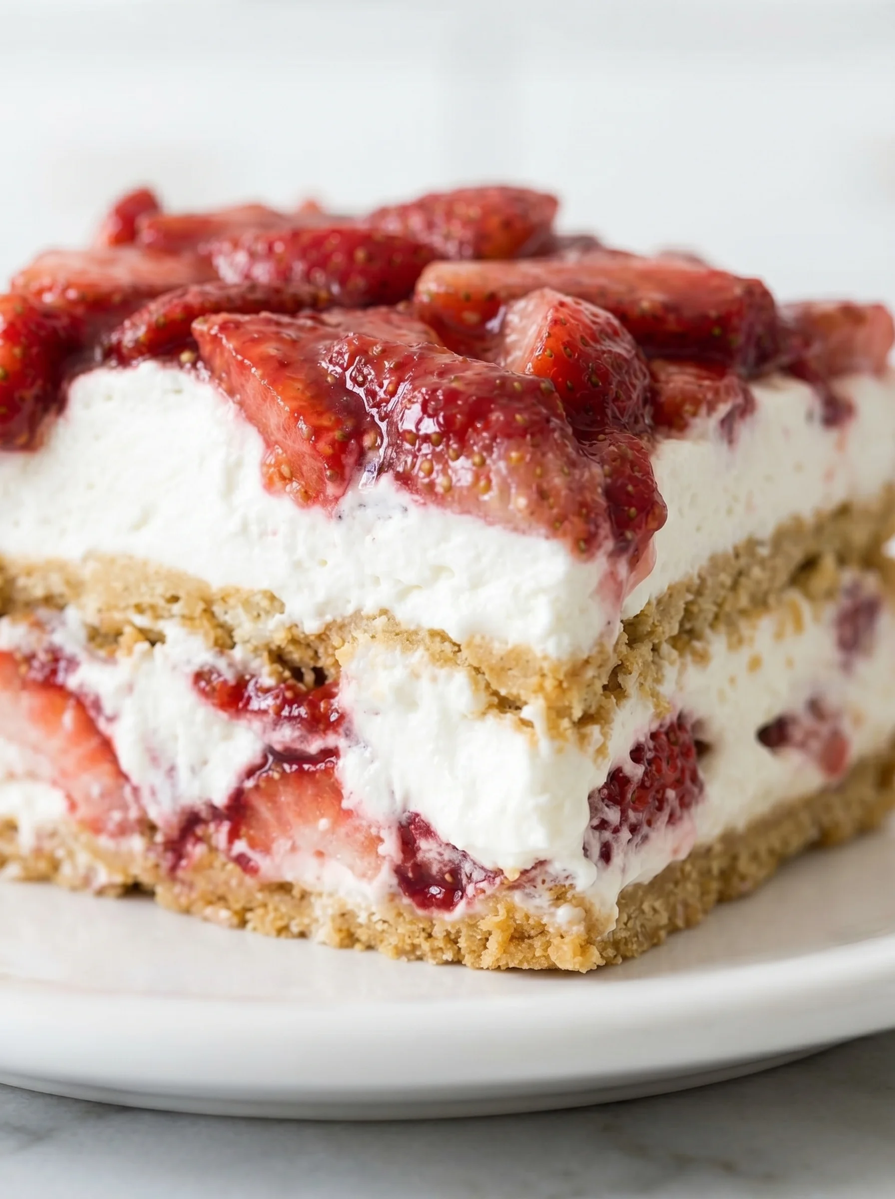 A slice of strawberry cheesecake lasagna.
