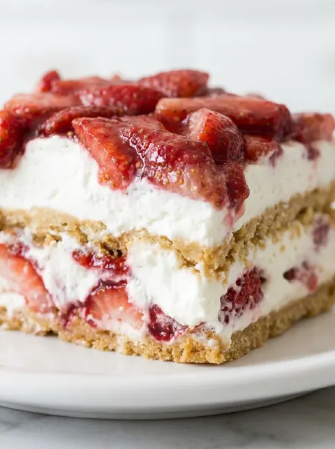 A slice of strawberry cheesecake lasagna.