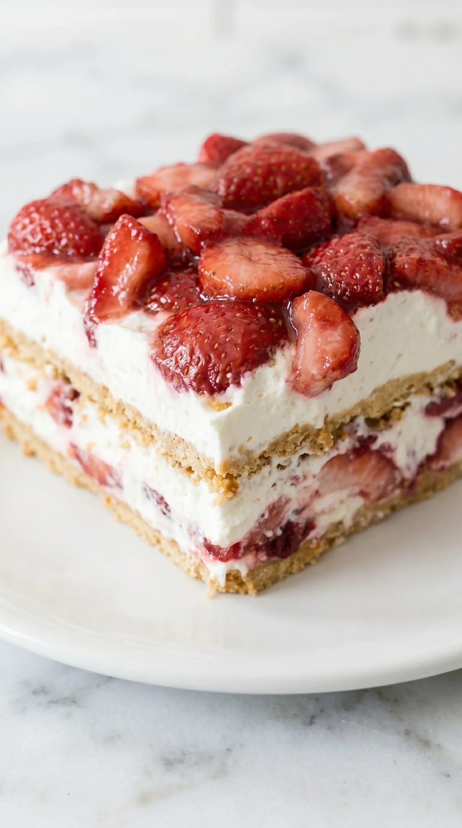 A yummy slice of strawberry cheesecake lasagna.