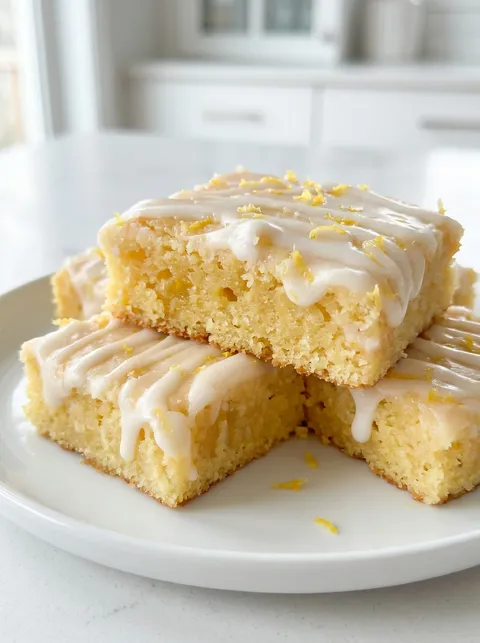 A stack of lemon brownies with a lemon glaze.