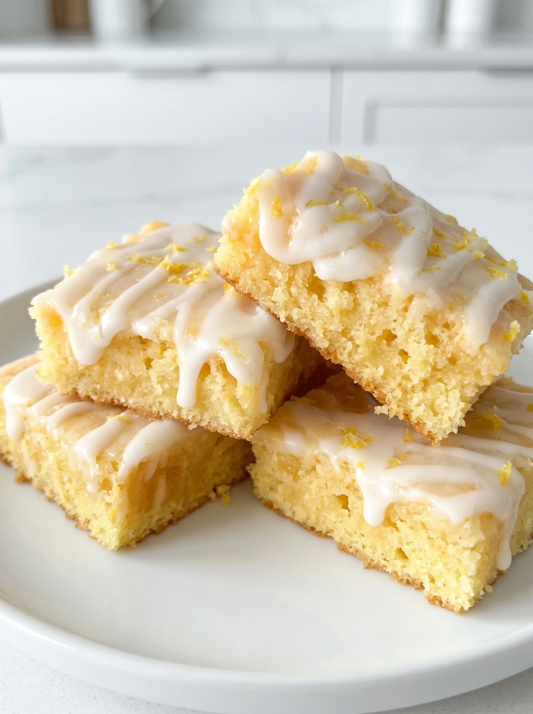 Three pieces of lemon brownies with lemon glaze.