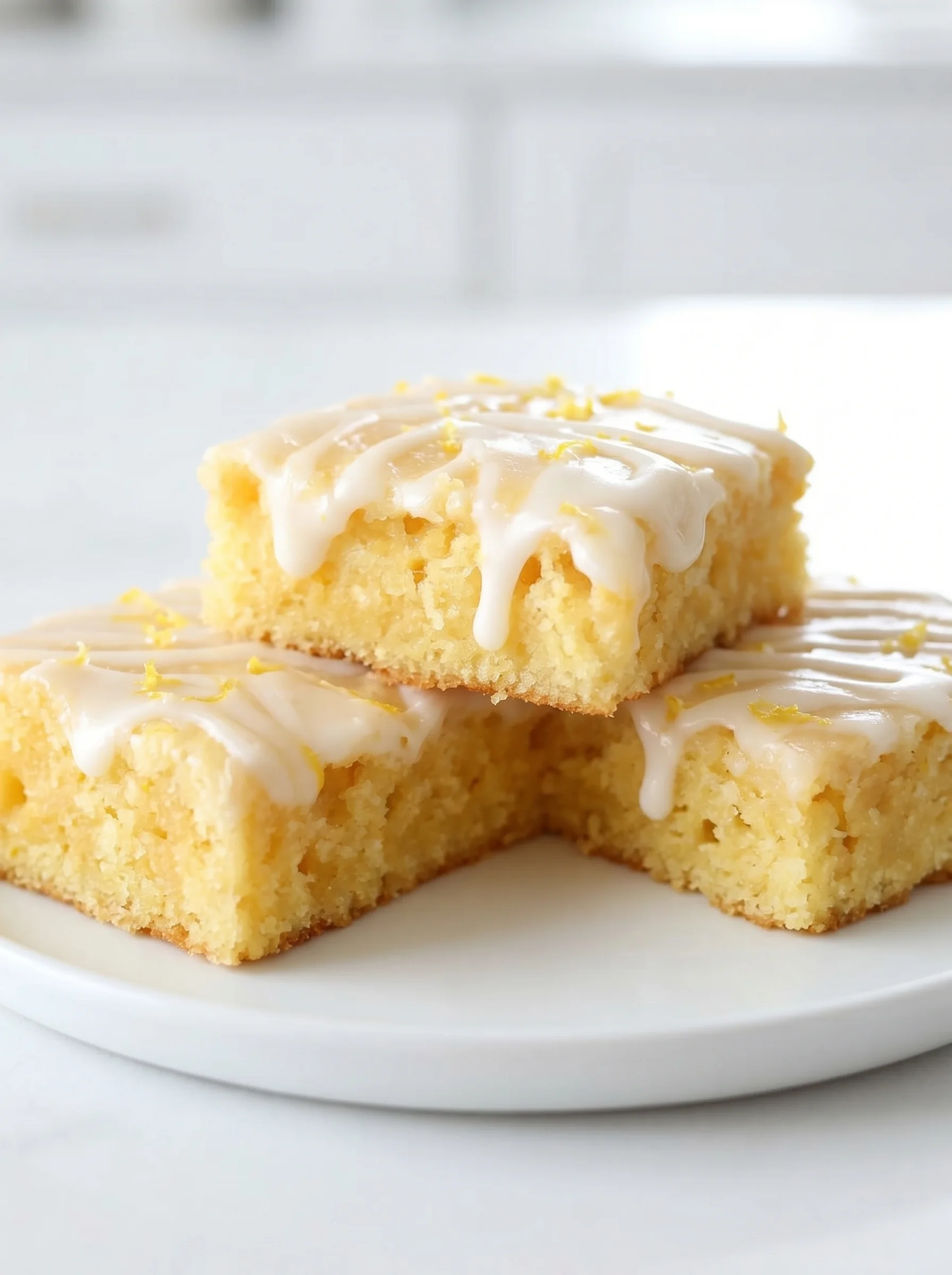 Three pieces of lemon brownies with glaze.