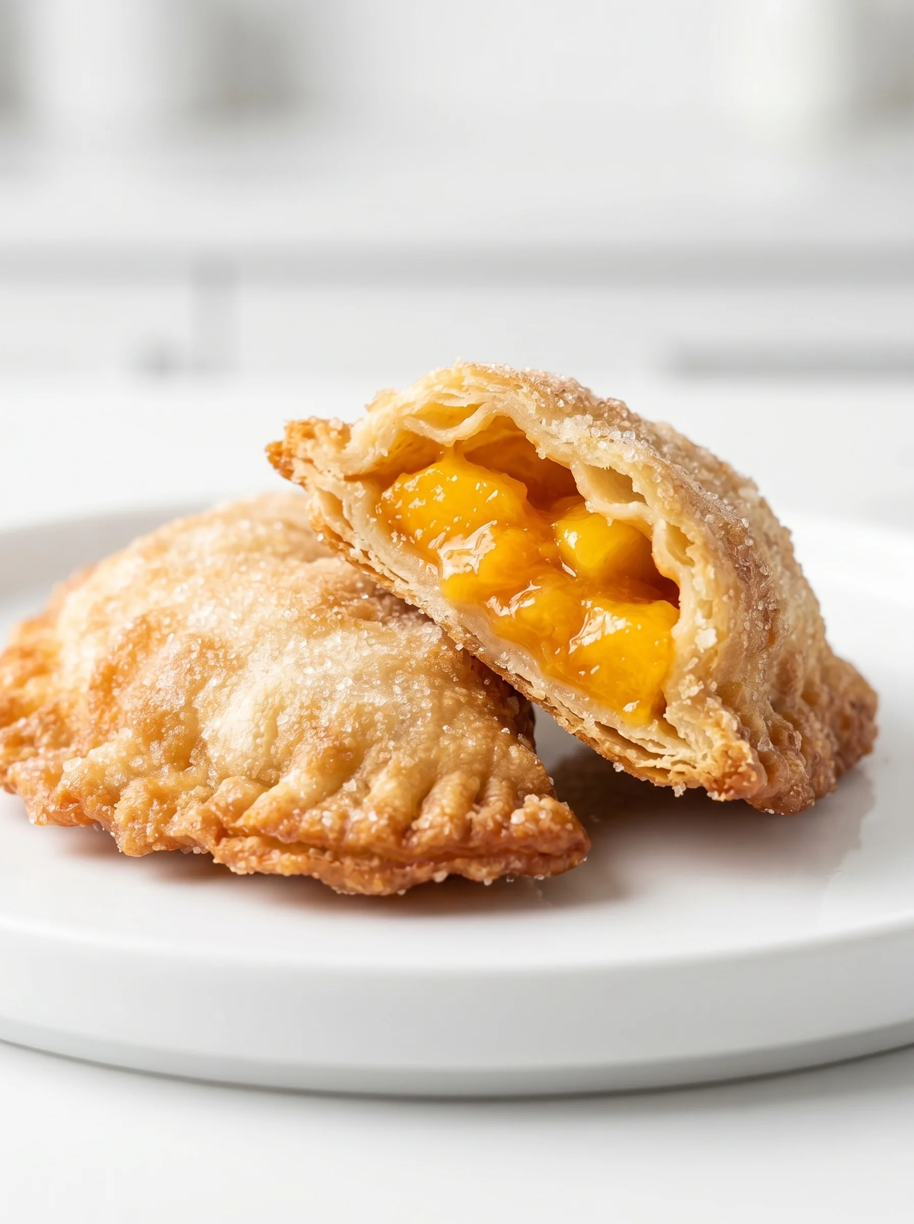 Two fried peach pies on a white plate.