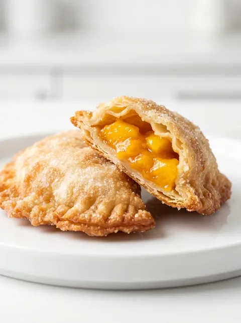 Two fried peach pies on a white plate.