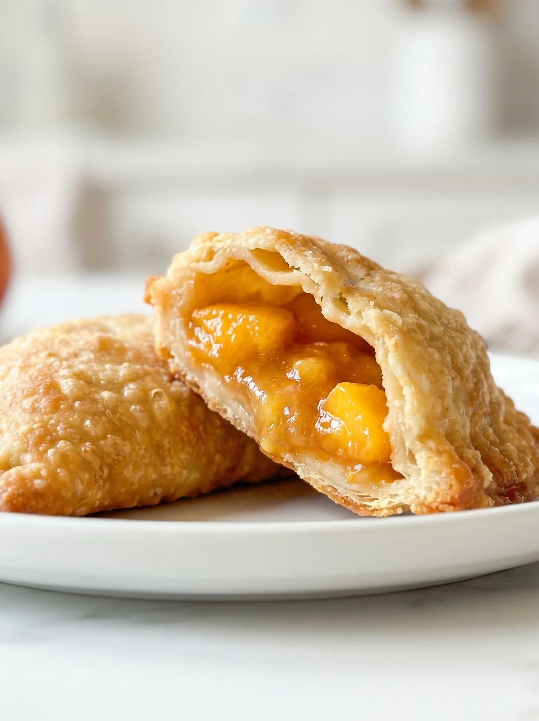 fried peach pies on a white plate.