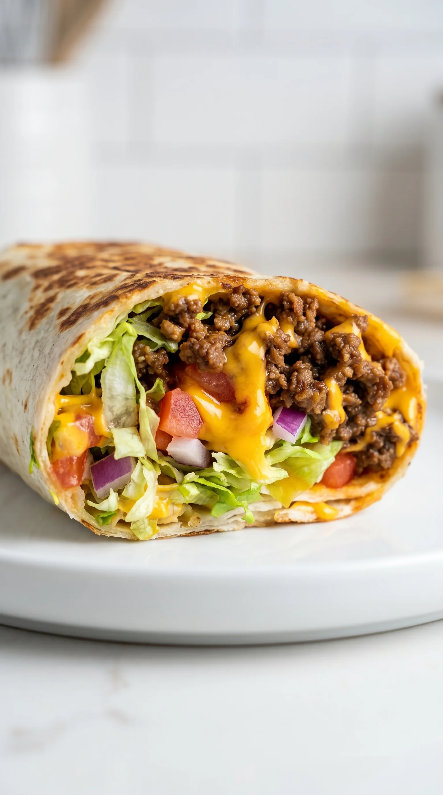 A beef and cheese wrap on a plate.