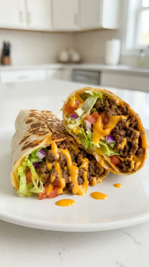 A beef and cheese wrap on a plate.