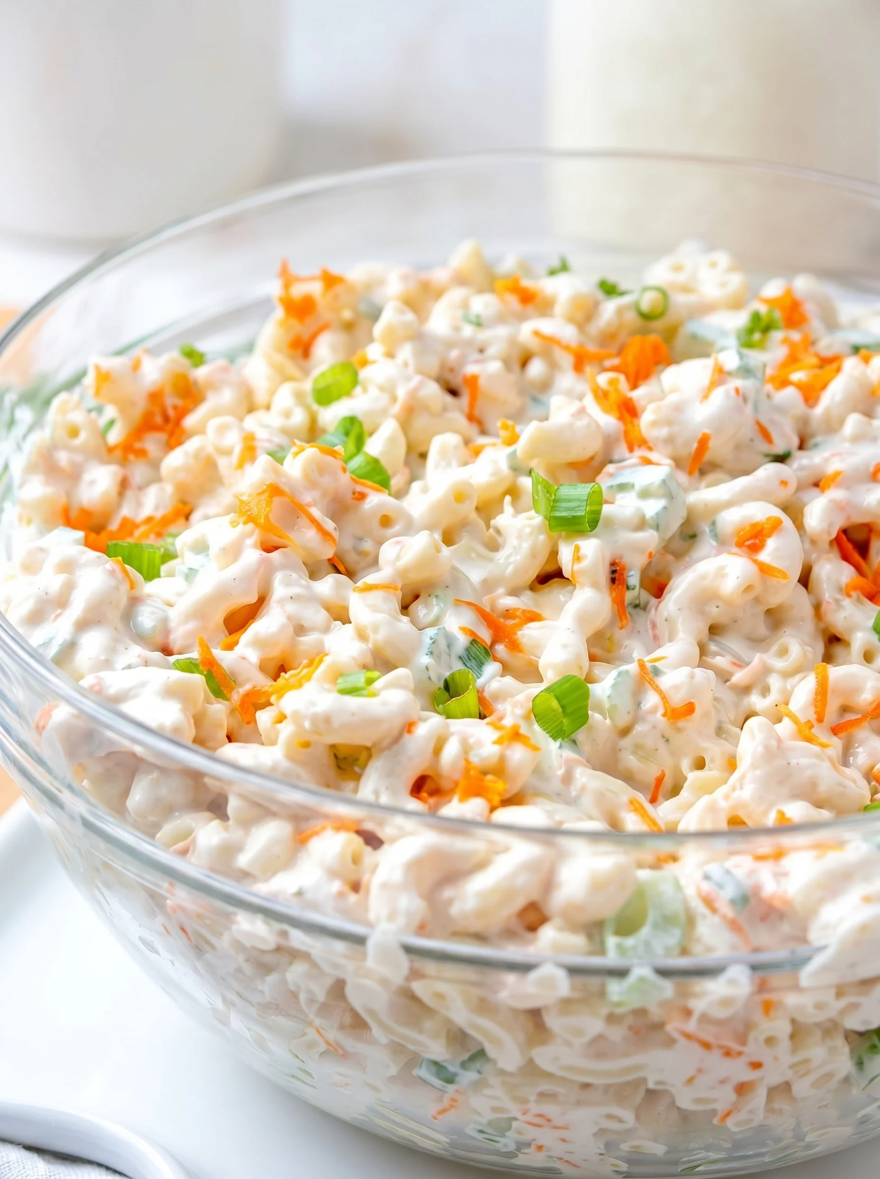 A bowl of macaroni salad with carrots and green onions.
