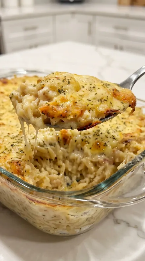 A fork is being used to eat a creamy lemon chicken orzo bake.