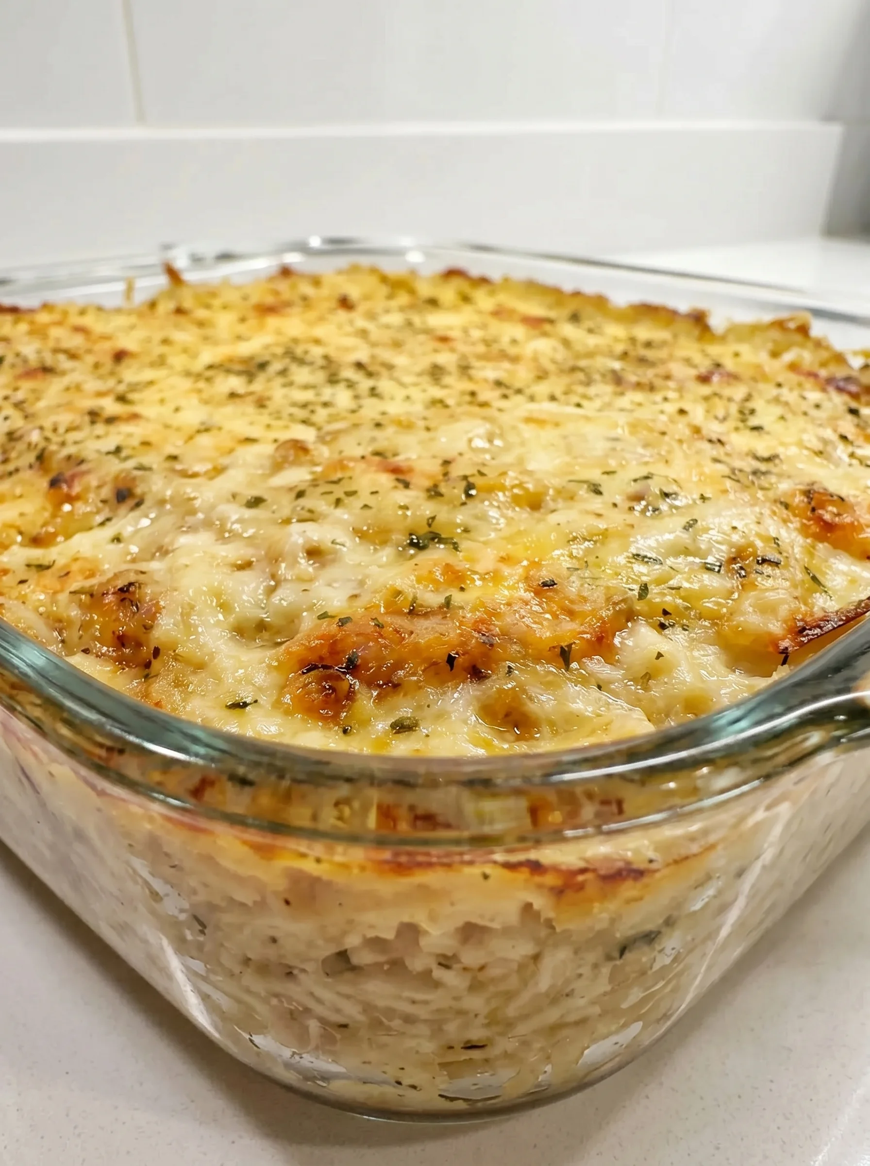 A creamy lemon chicken orzo bake in a glass dish.