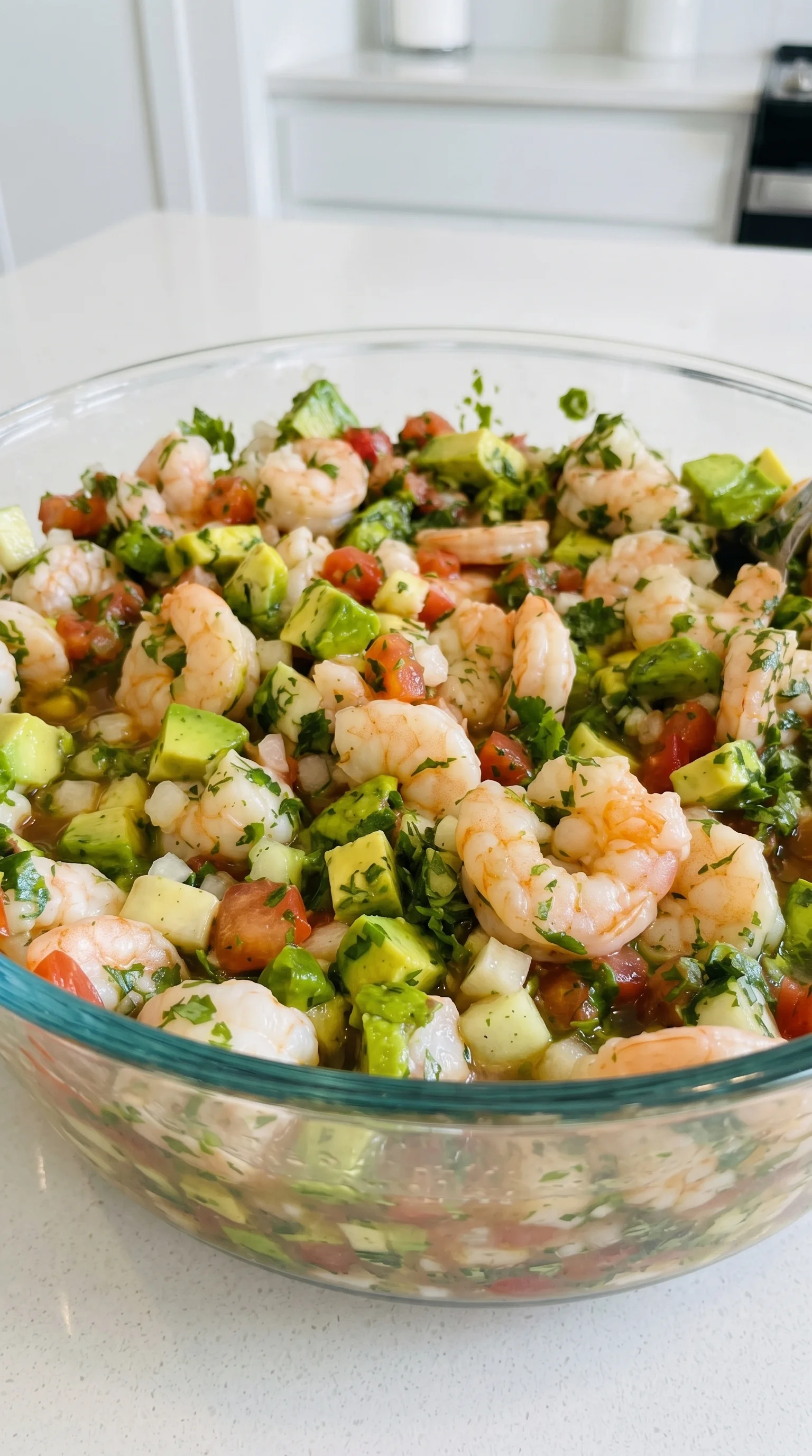 A yummy large bowl of shrimp salad.