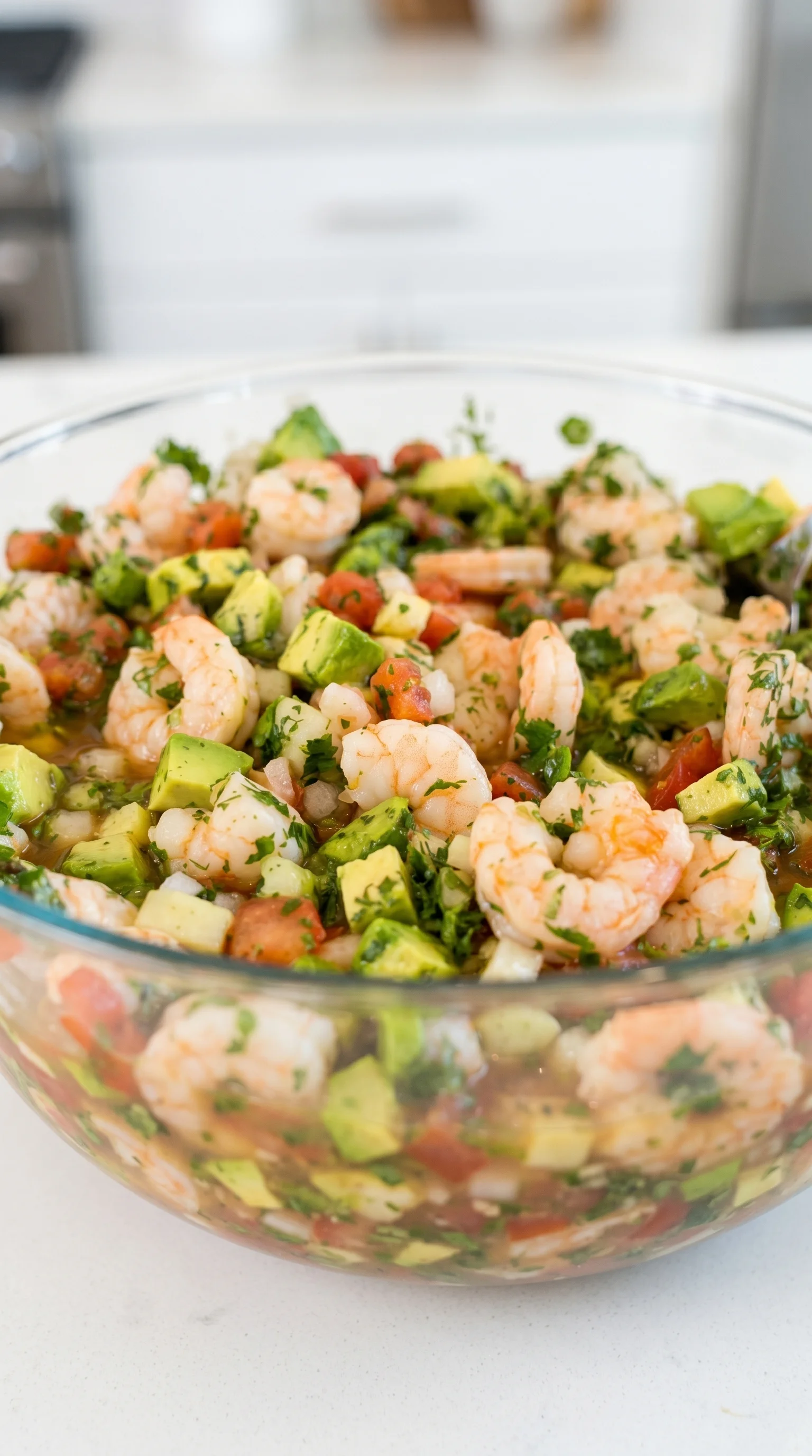 A delicious bowl of shrimp and vegetables.