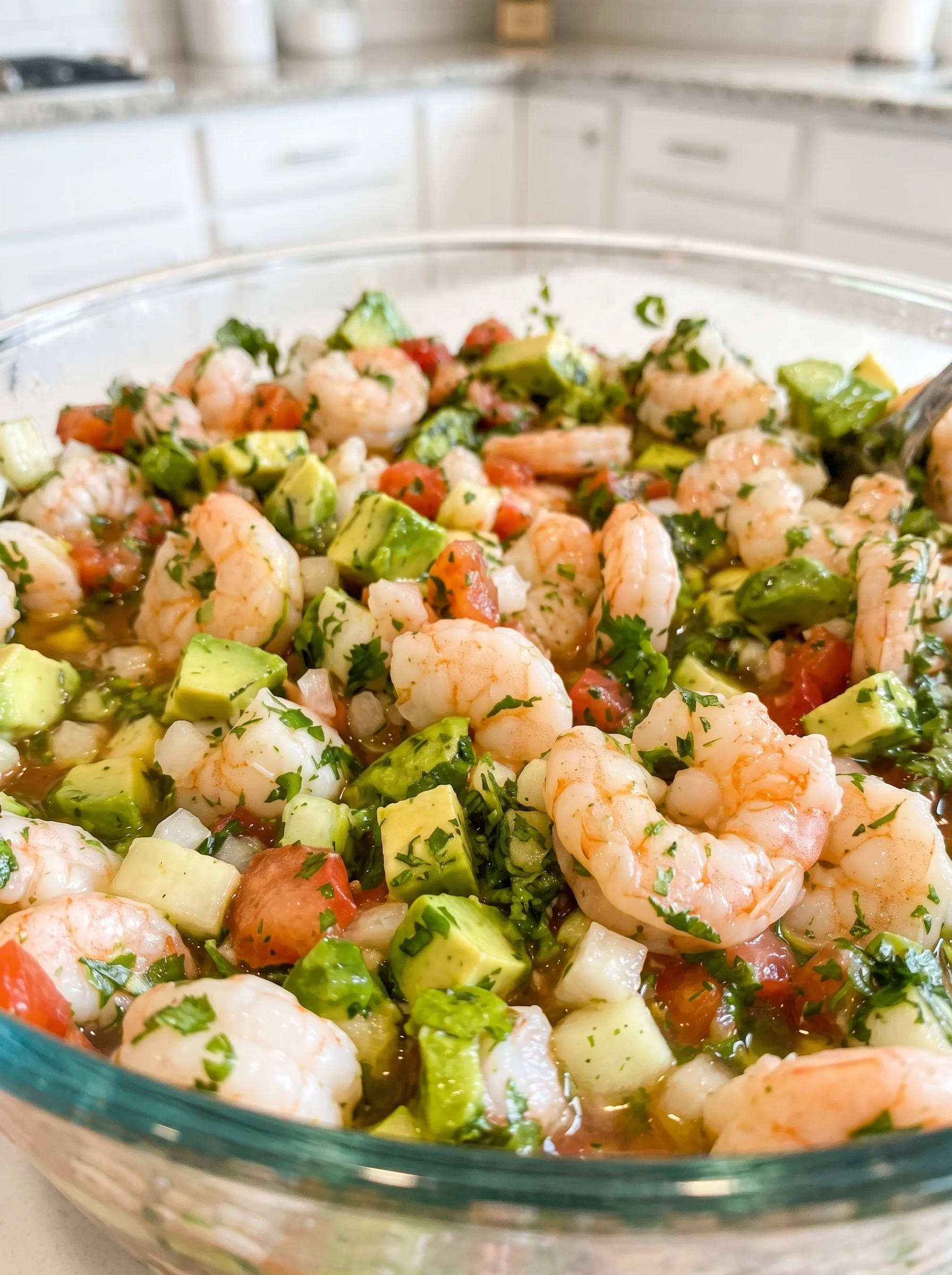 A large bowl of shrimp salad.