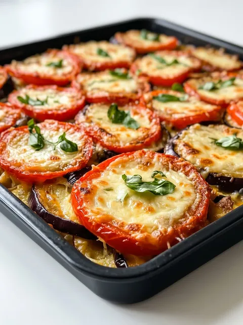 A baked eggplant casserole with cheese and tomatoes.