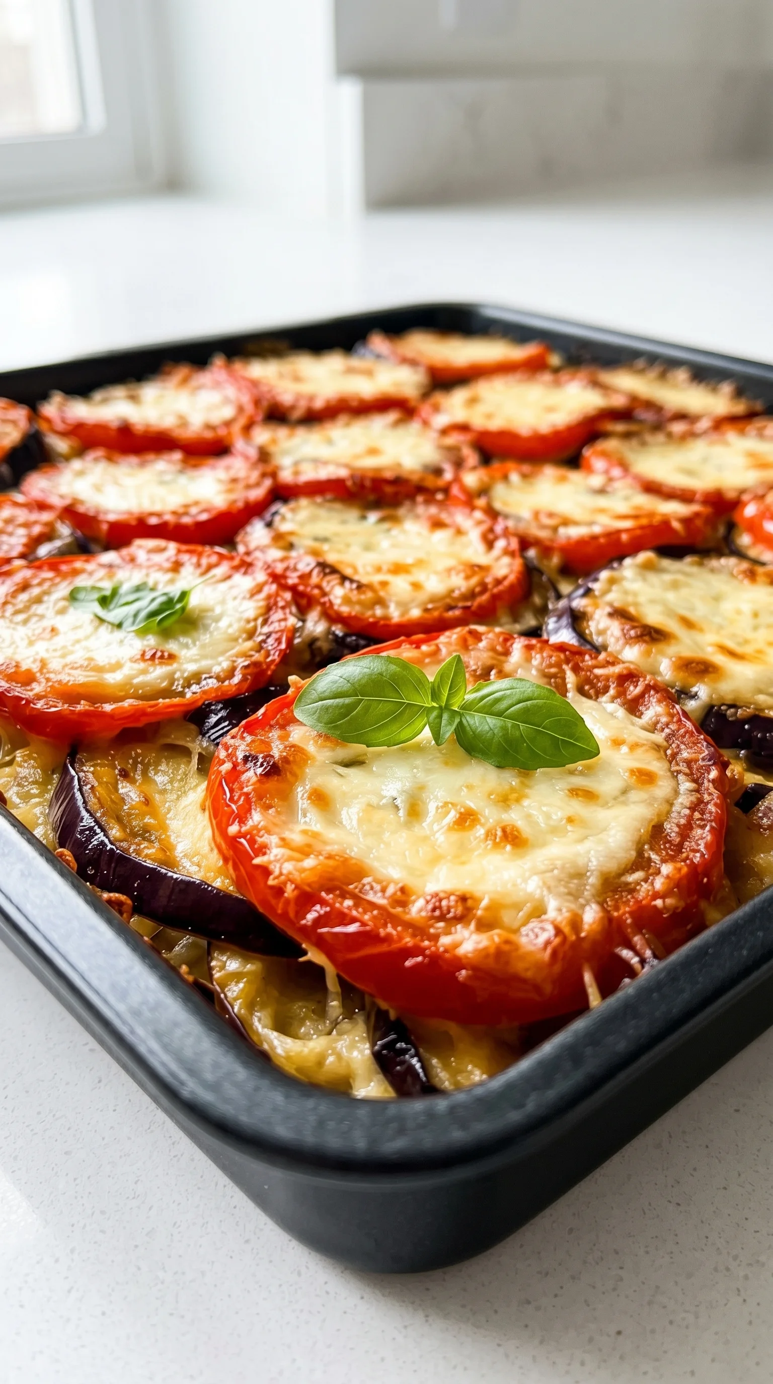 A baked eggplant casserole with cheese and basil.