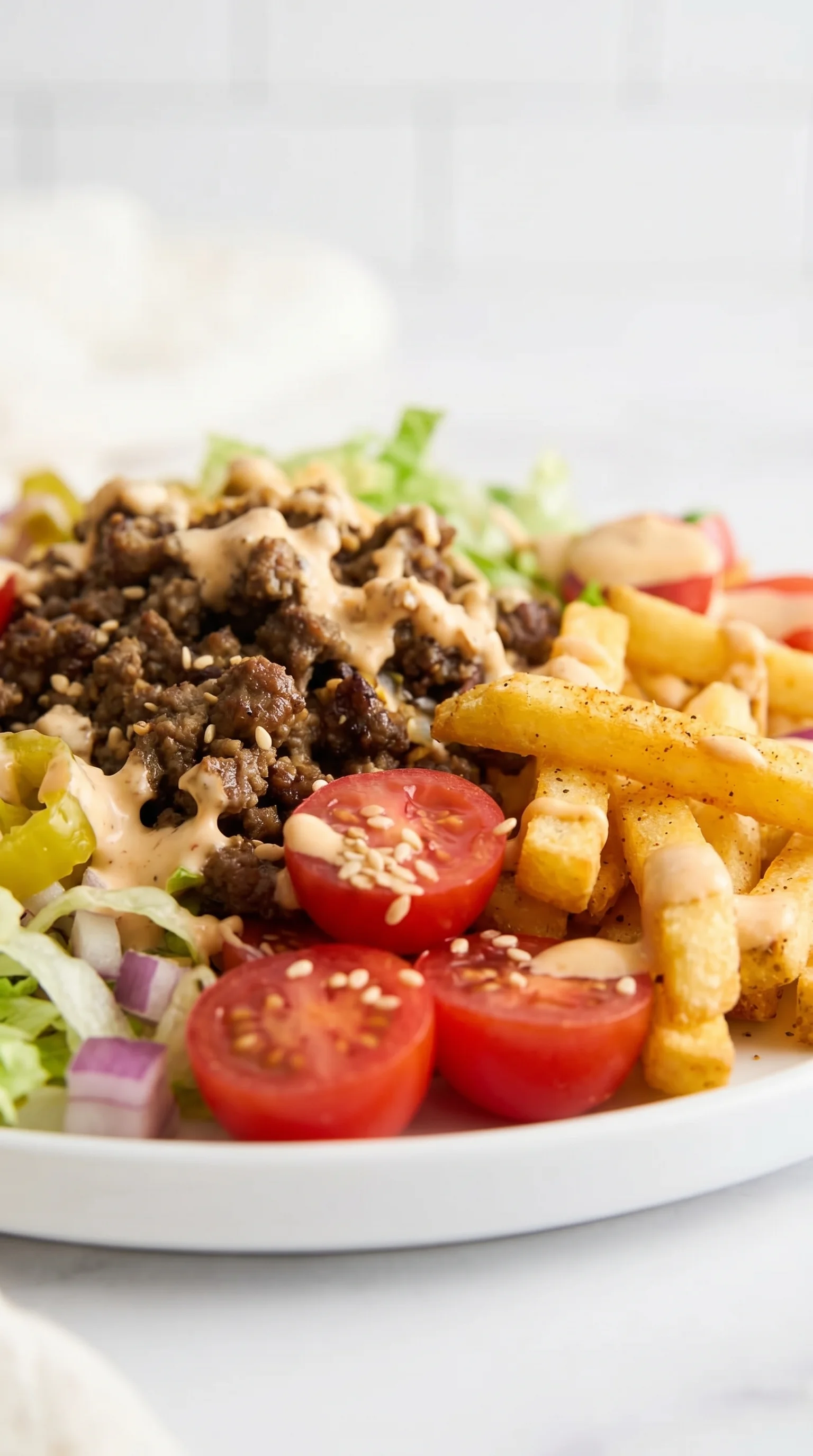 A plate of food with a cheeseburger and fries.