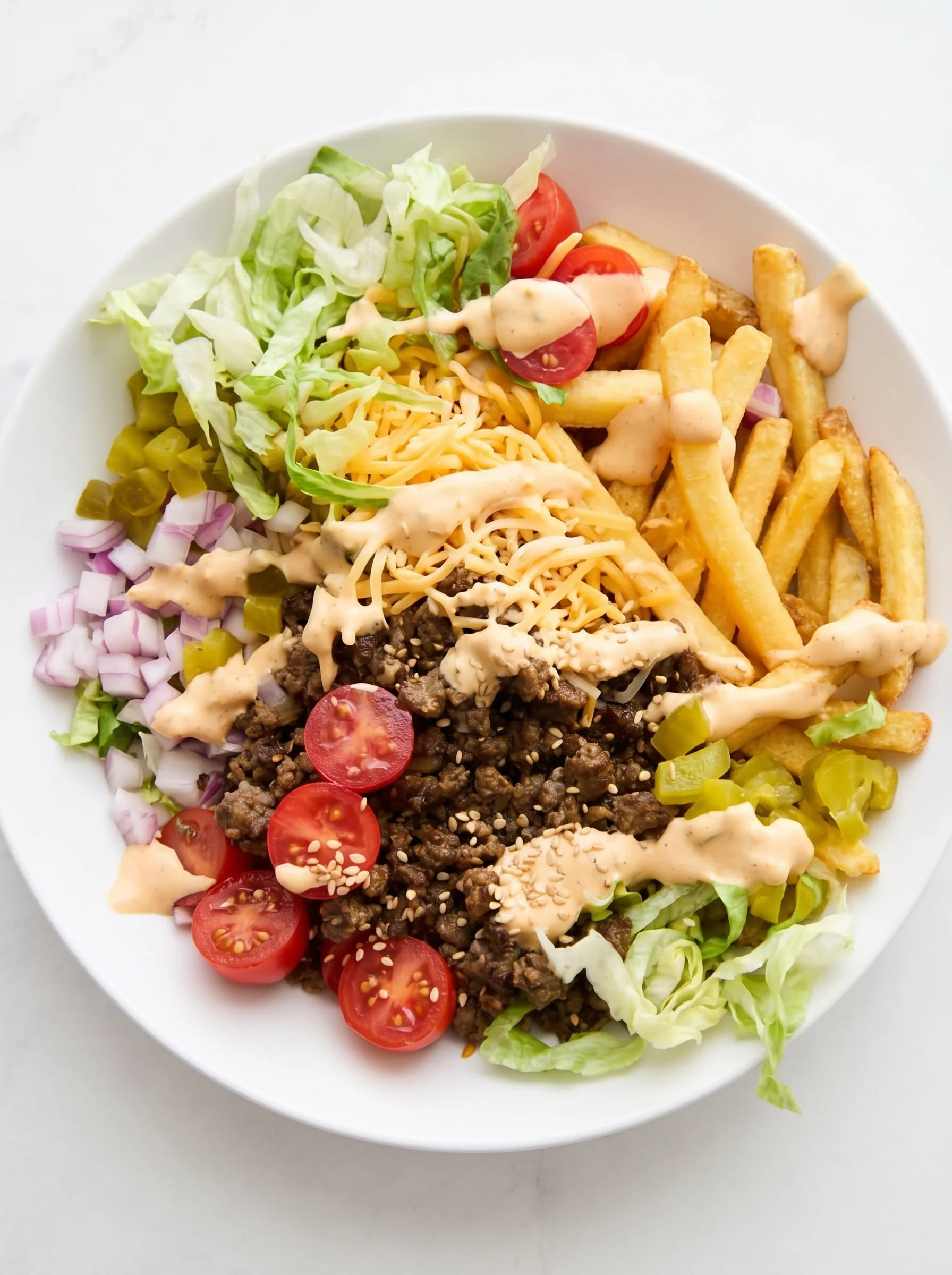 A bowl of food with tomatoes, lettuce, cheese, and french fries.
