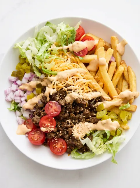 A bowl of food with tomatoes, lettuce, cheese, and french fries.