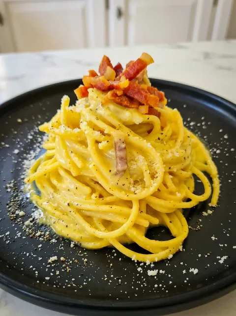 A plate of spaghetti alla carbonara.