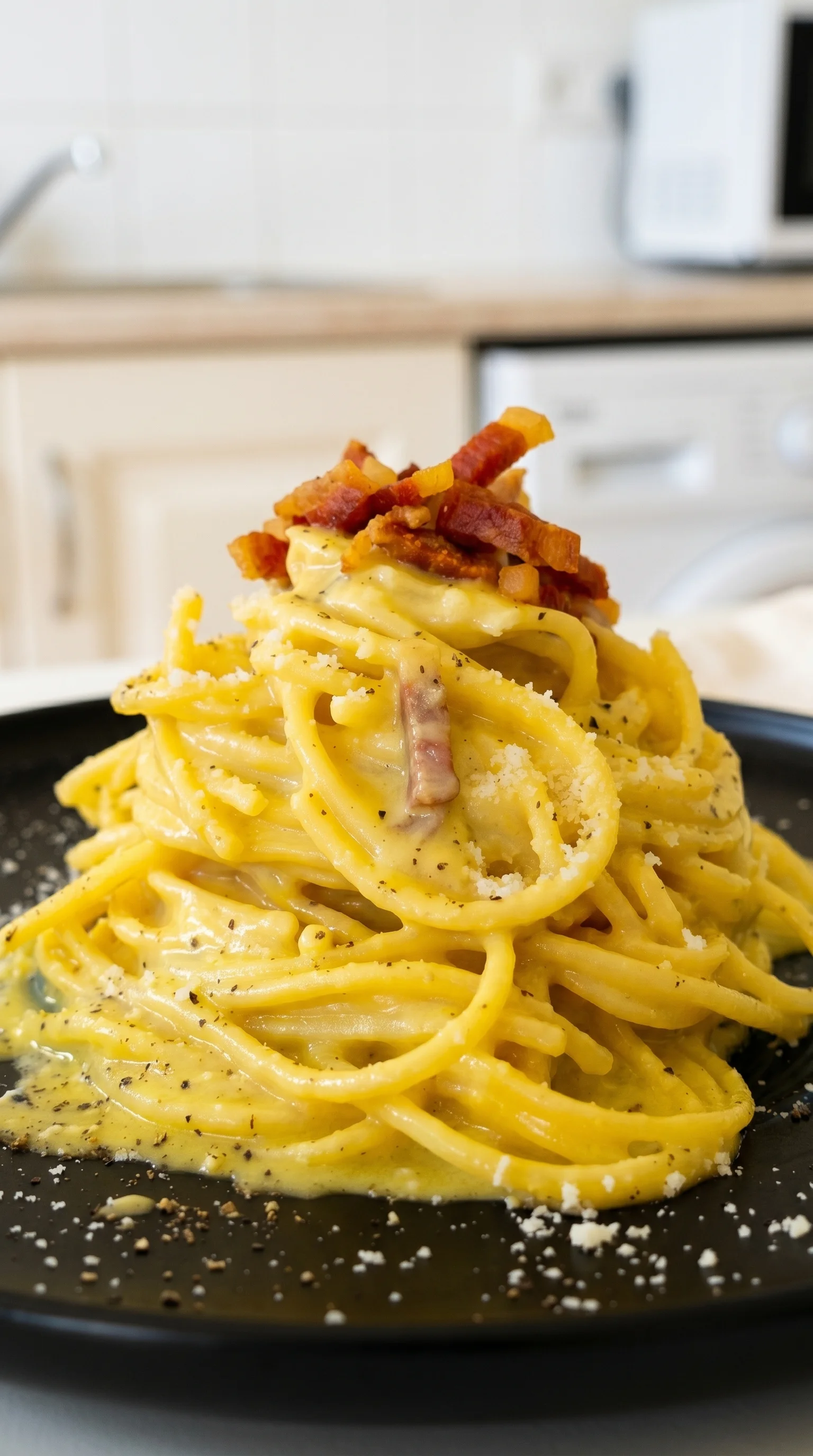 A plate of yummy spaghetti alla carbonara.