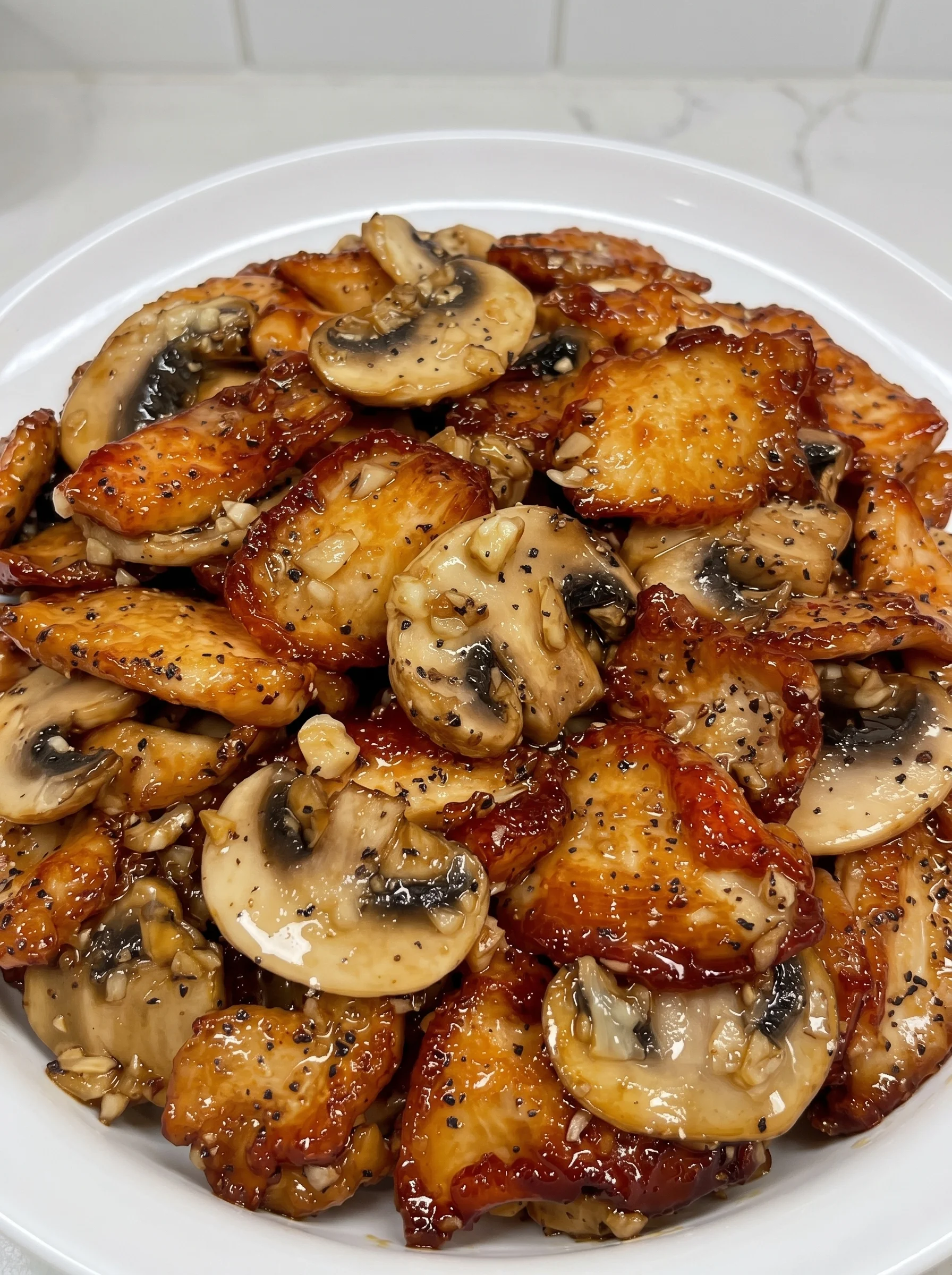 A plate of honey garlic chicken with mushrooms.