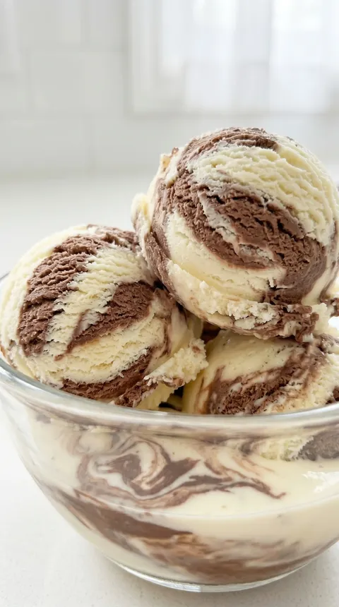 A bowl of ice cream with chocolate and vanilla swirls.