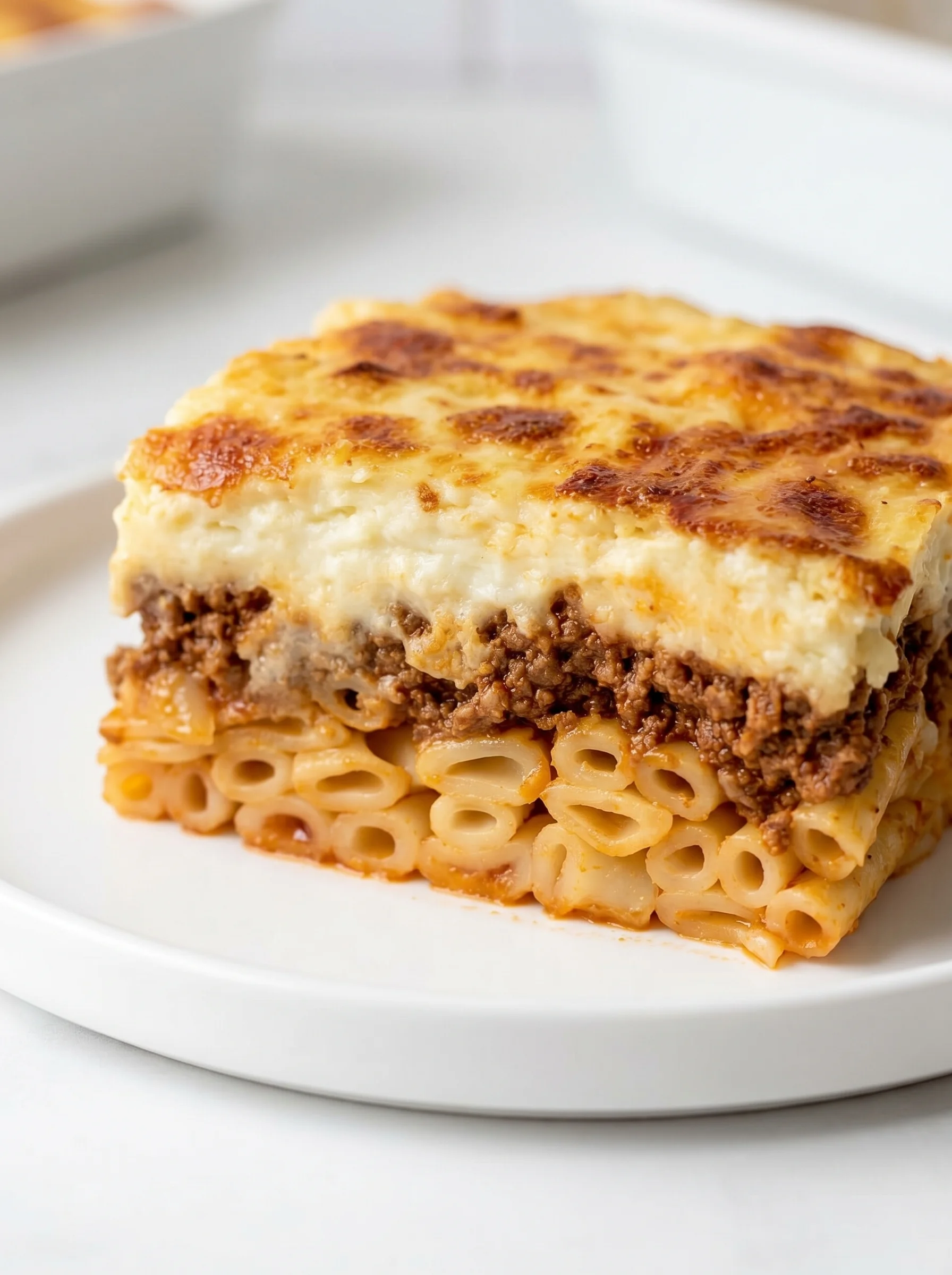 A square piece of pastitsio on a white plate.