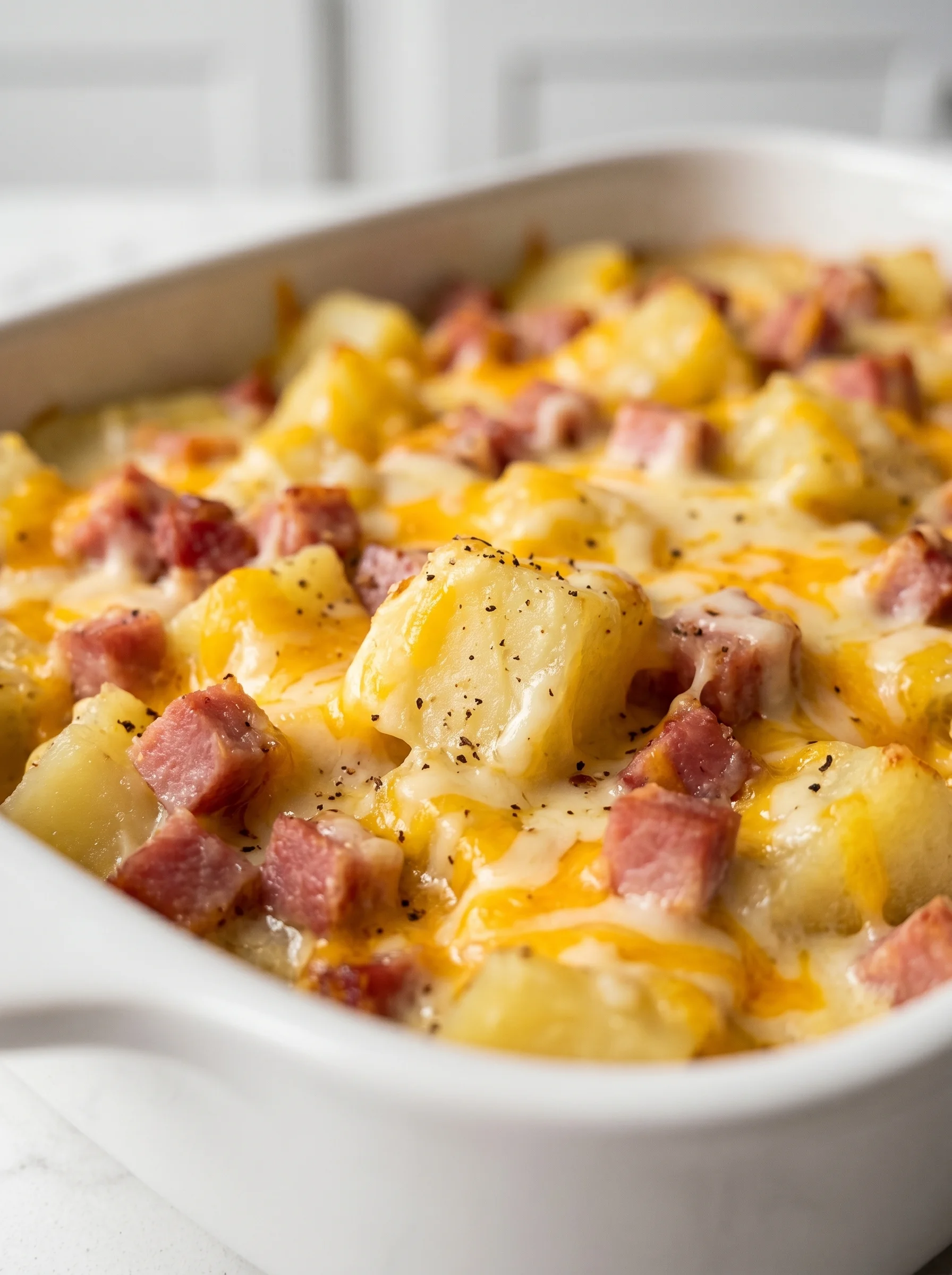 A cheesy ham potato casserole in a white bowl.