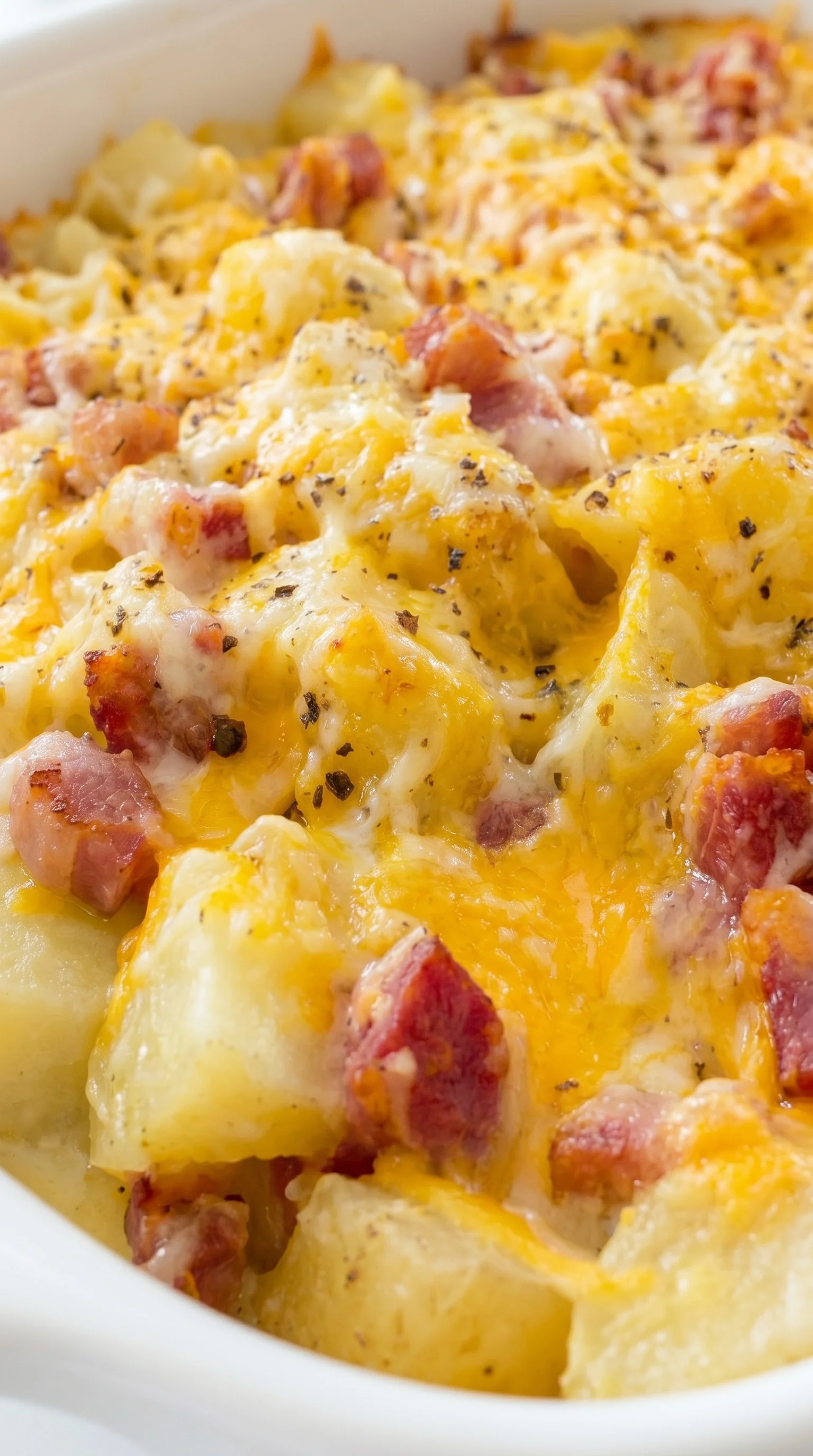 A close up of a cheesy ham potato casserole.