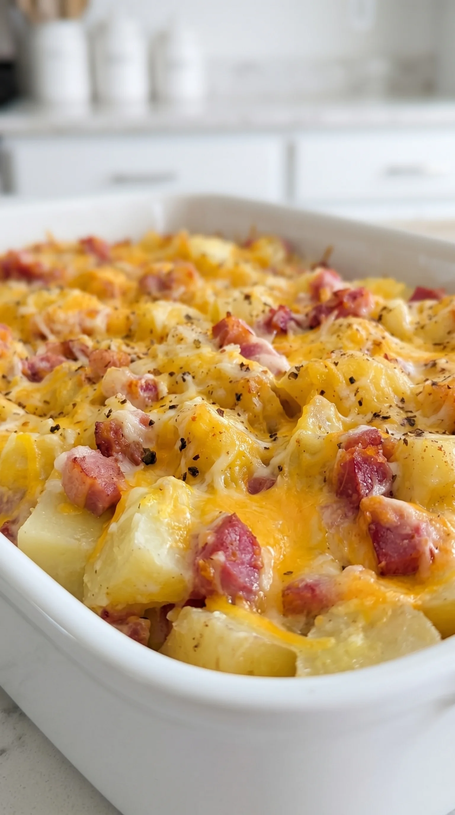 A cheesy ham potato casserole in a white dish.