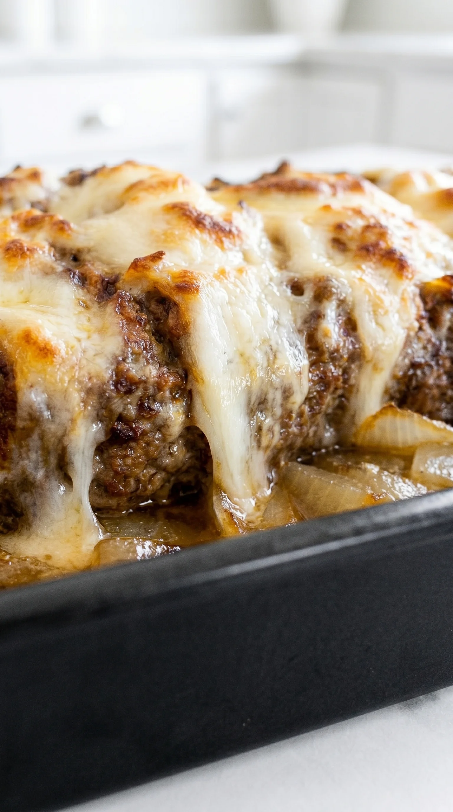 A close up of a delicious French Onion Meatloaf with Melted Swiss Cheese.
