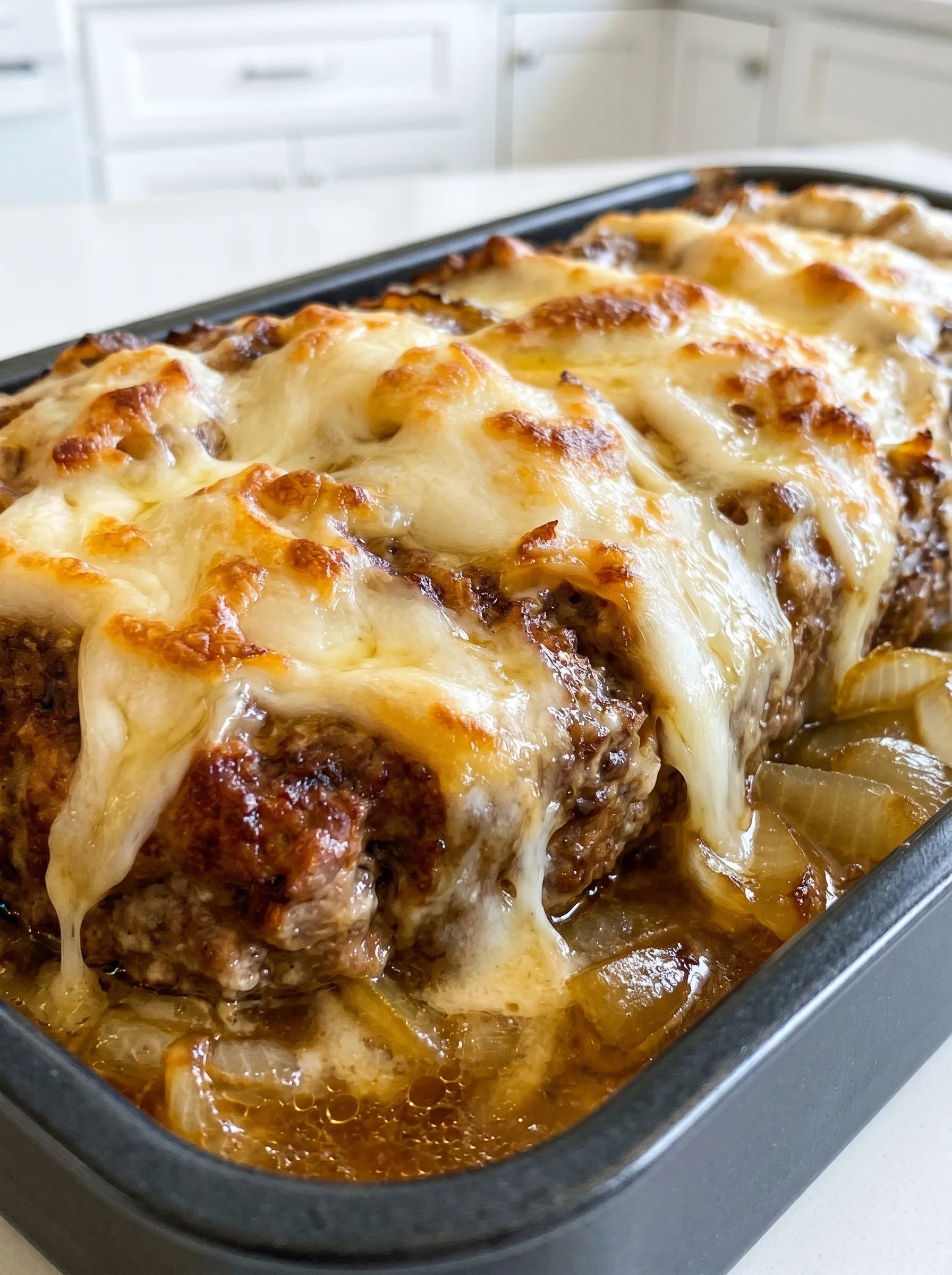 A delicious French Onion Meatloaf with Melted Swiss Cheese.