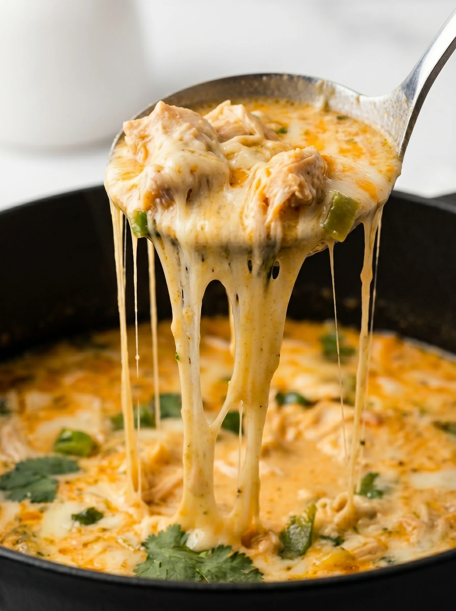 A spoon is in a bowl of soup.