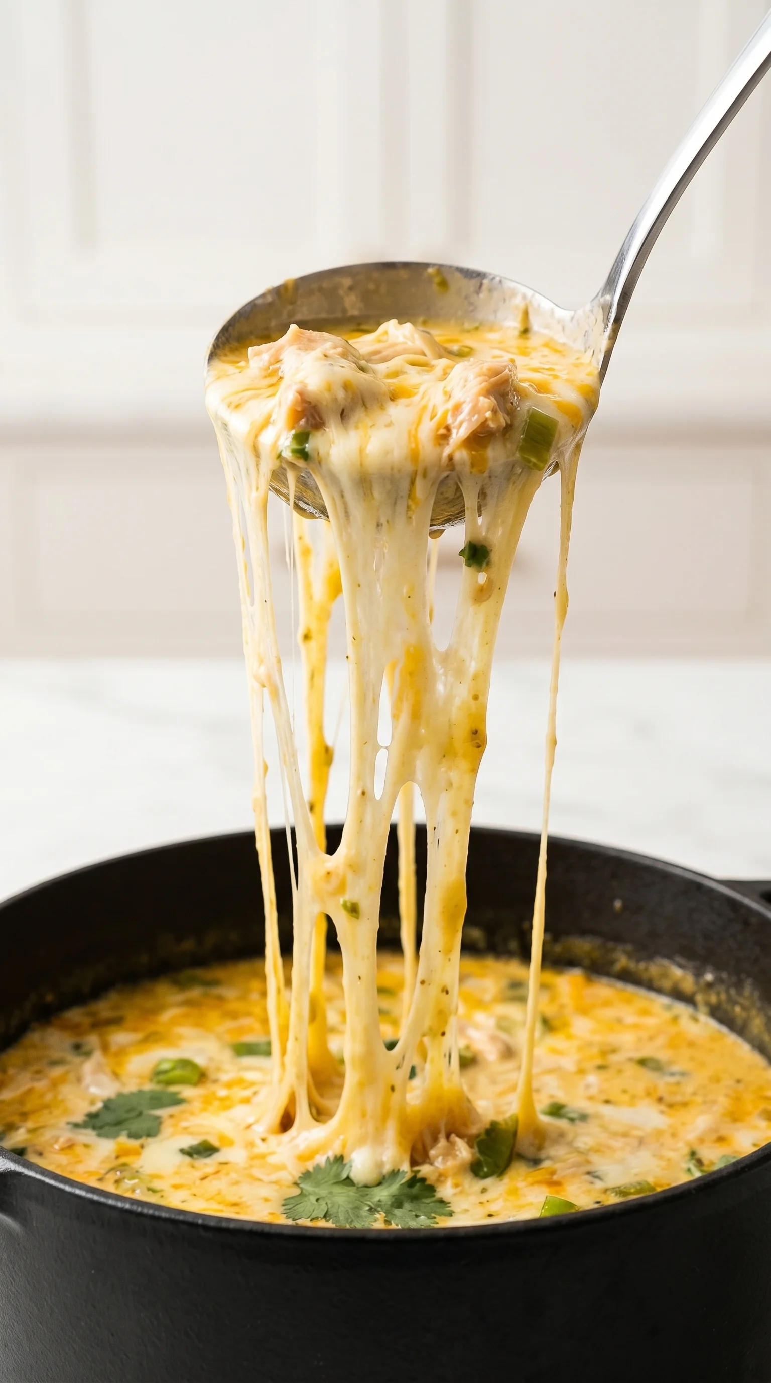 A spoon is in a crock pot with green enchilada chicken soup.