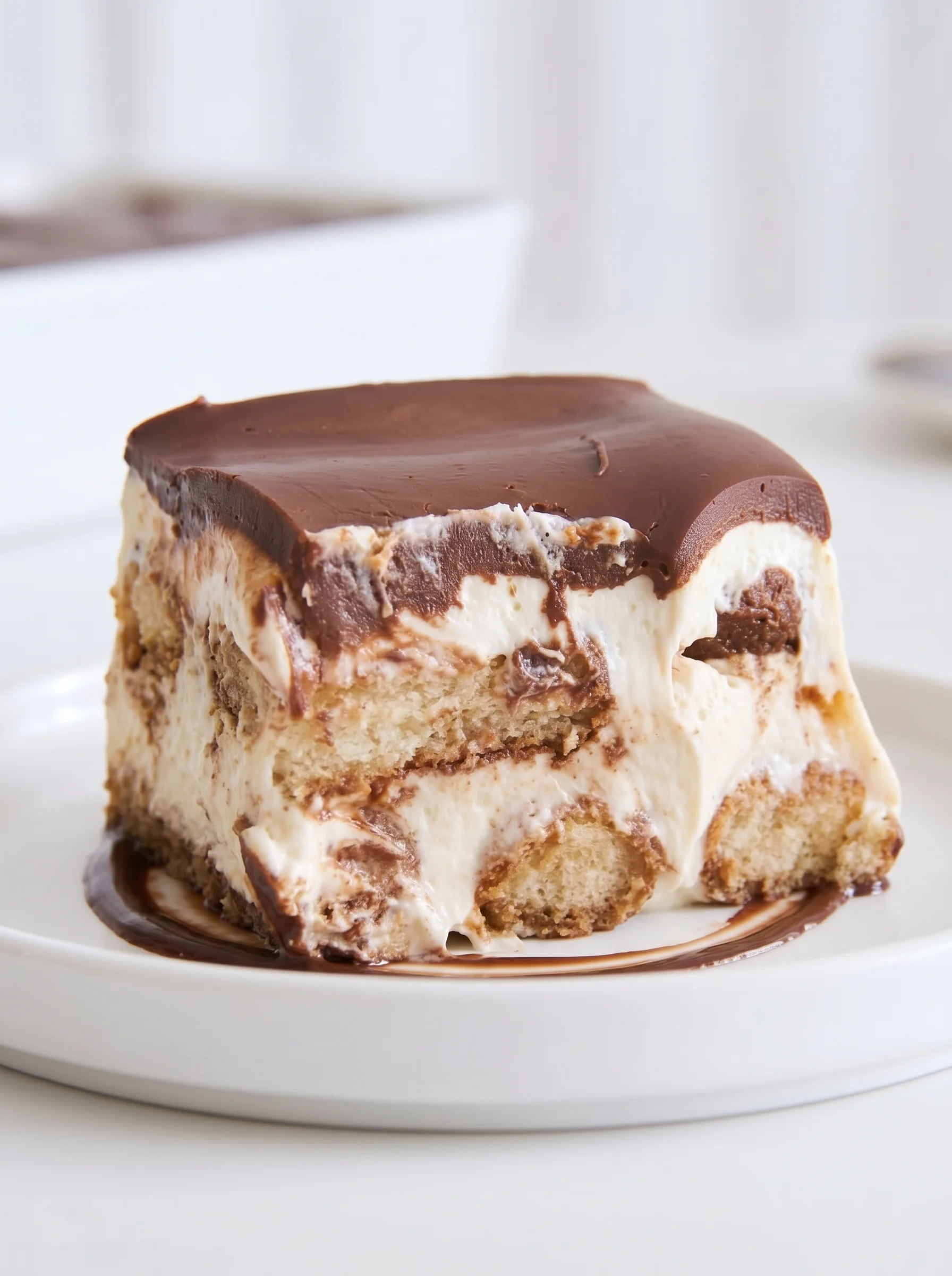 A piece of hot chocolate tiramisu on a plate.