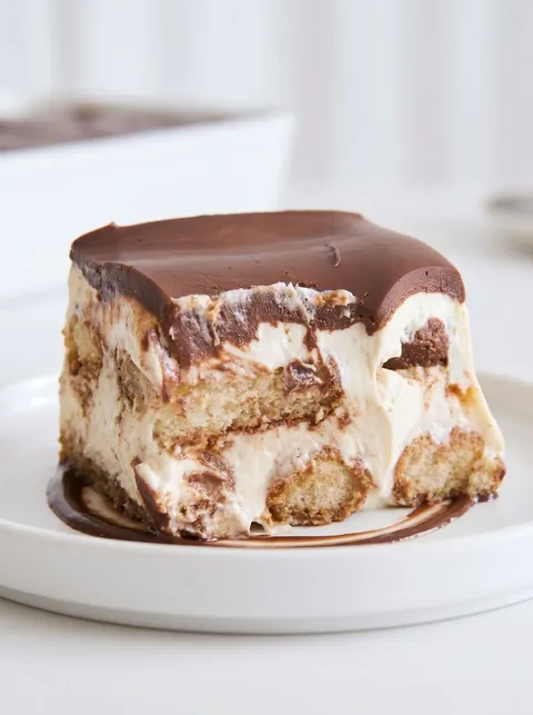 A piece of hot chocolate tiramisu on a plate.