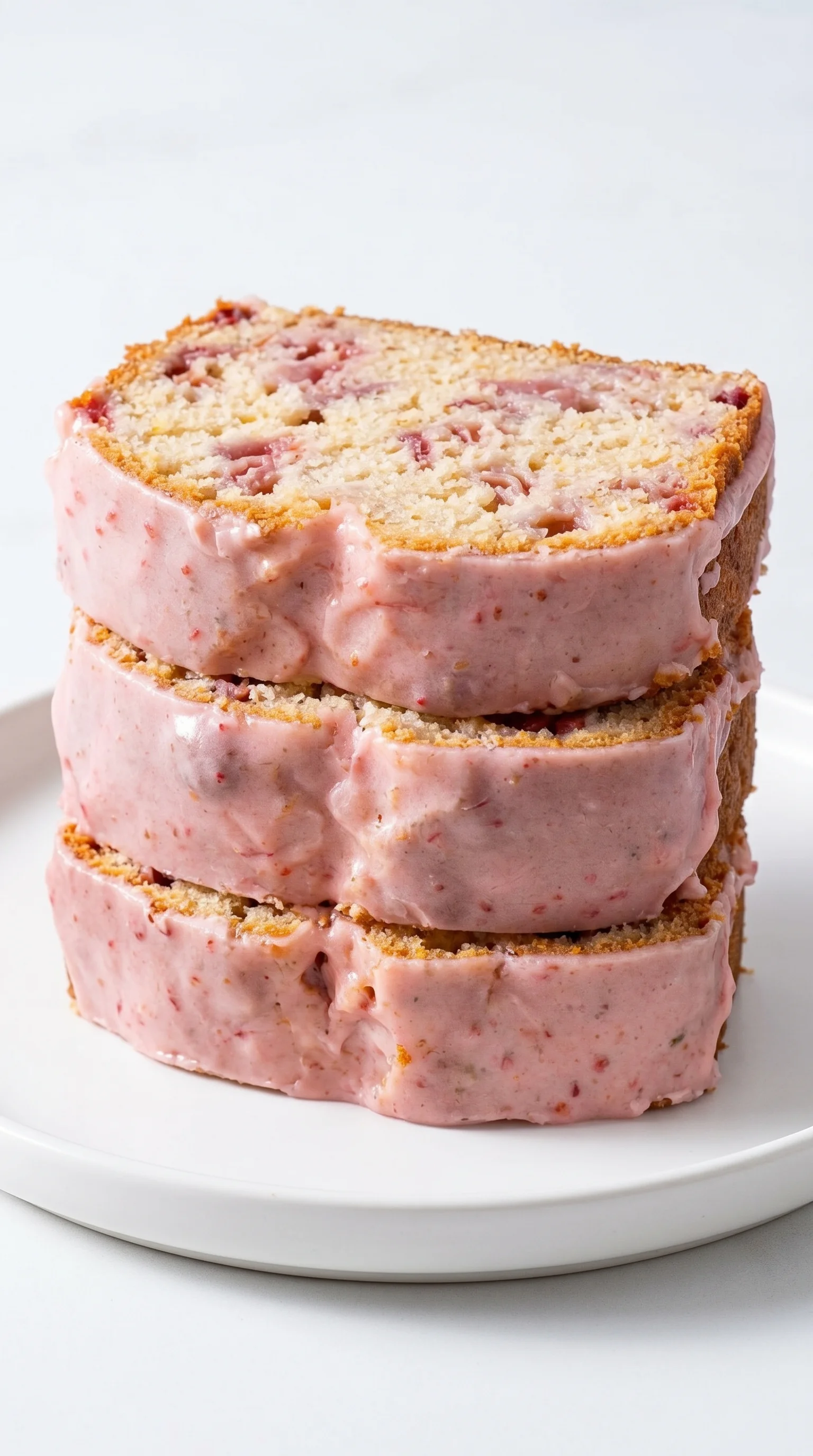 A stack of three slices of strawberry bread.