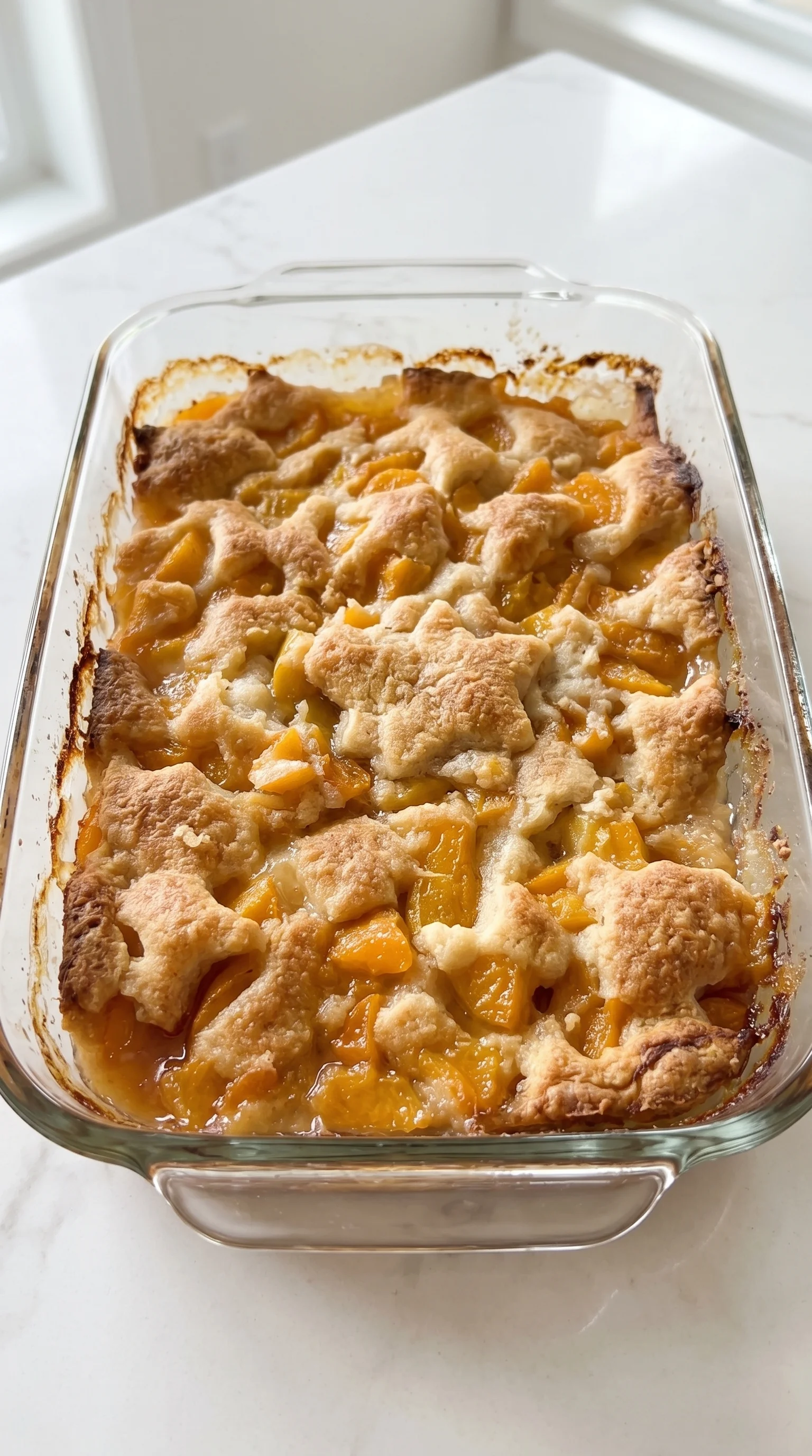 A baked dessert with a peach cobbler filling.