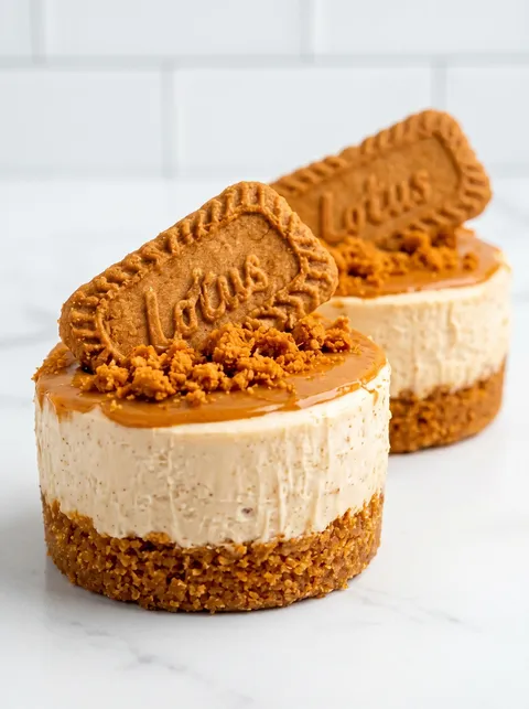 Two mini no-bake biscoff cheesecakes with cookies on top.