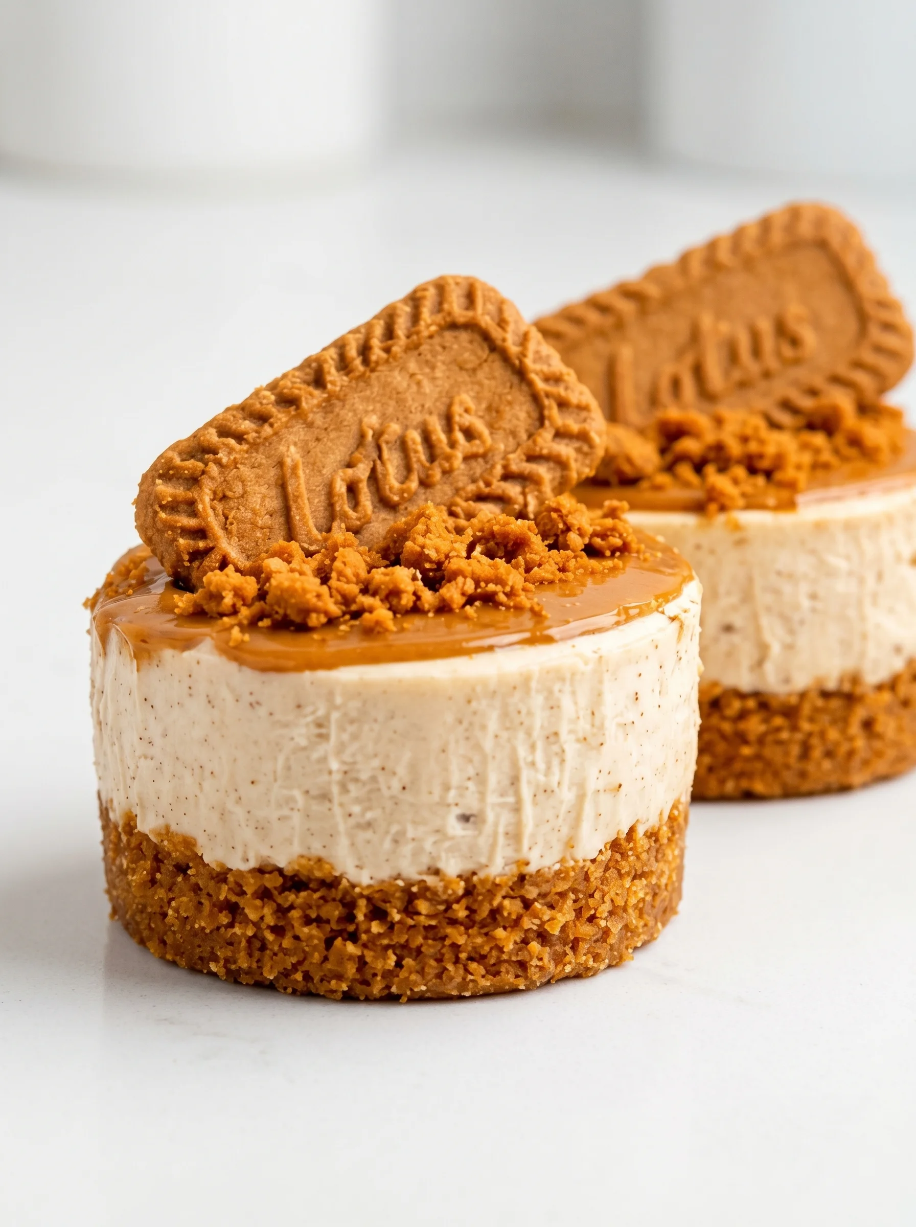 Two mini yummy no-bake biscoff cheesecakes with cookies on top.